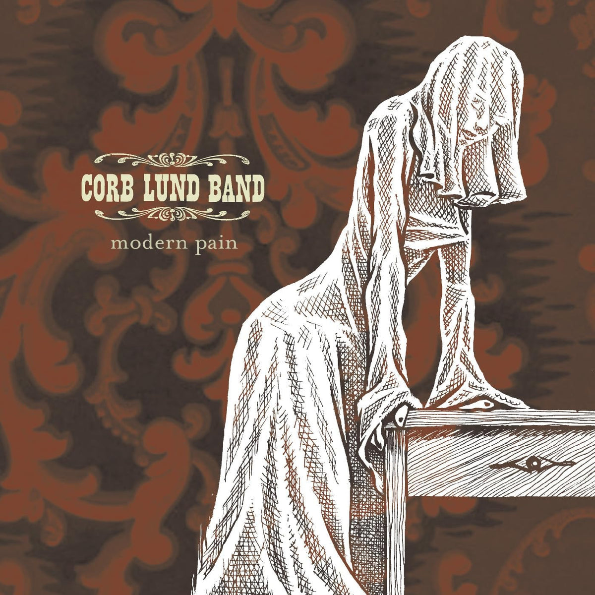 Black vinyl record of Lund Corb's "Modern Pain" album in a sleeve.