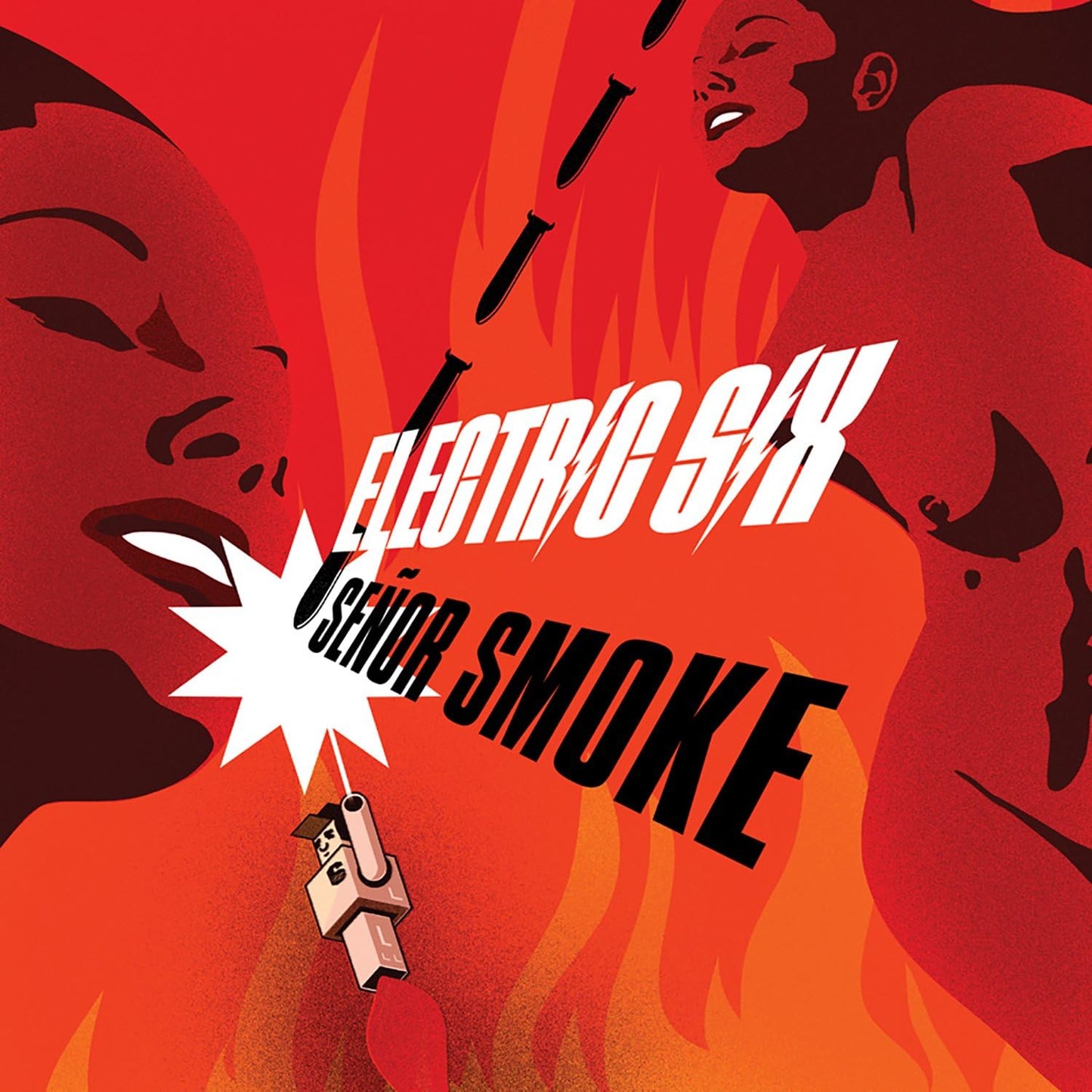 Red album cover for Electric Six’s “Señor Smoke” with illustrated figures and gun.