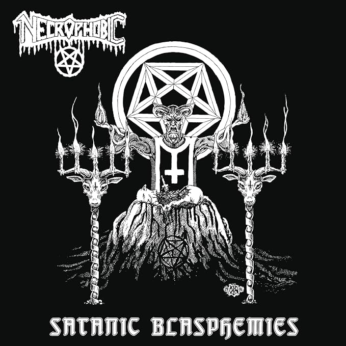 Black and white album cover with satanic imagery, goat head, and deer skulls.