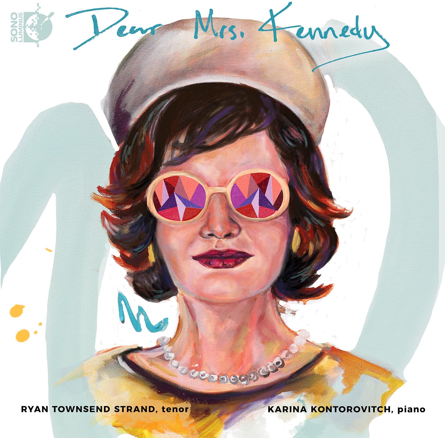Painted portrait of a woman with large, colorful sunglasses and a hat.