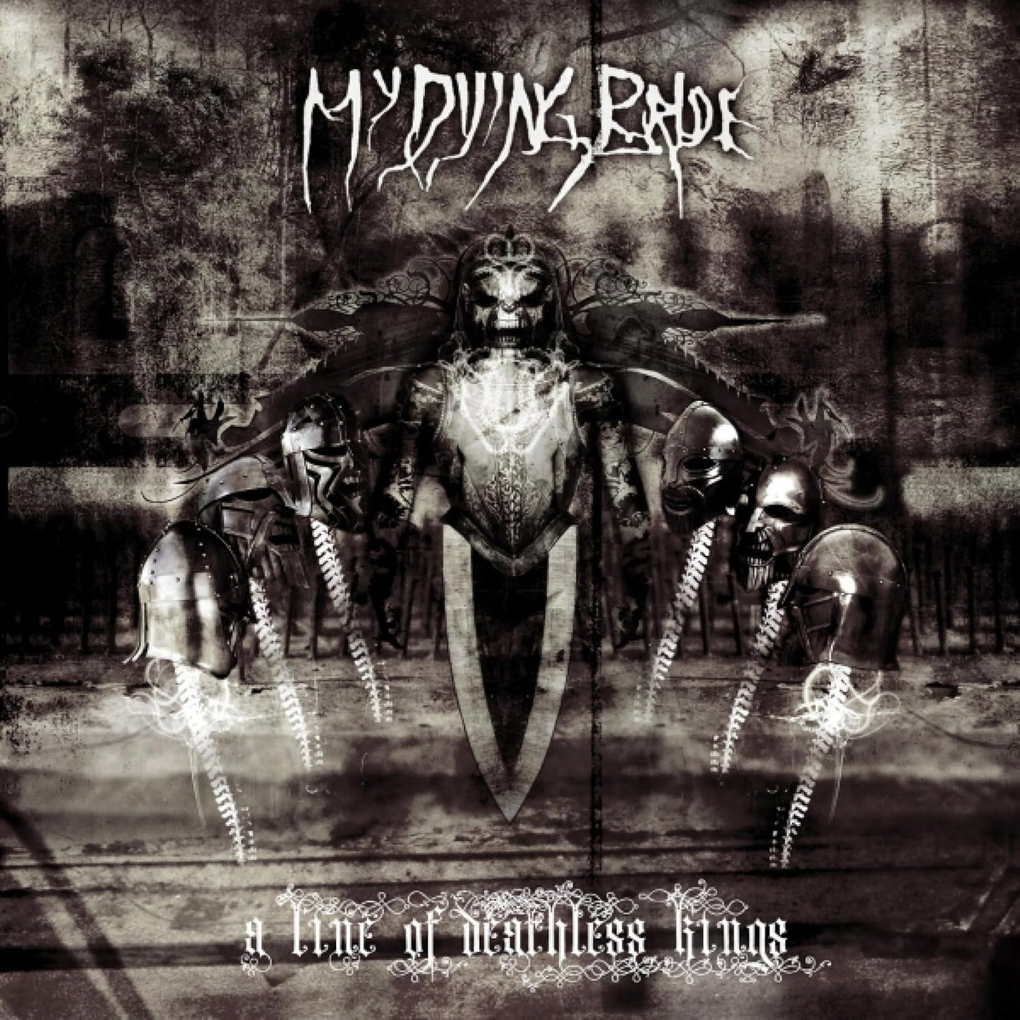 Dark album cover featuring armored figures and gothic lettering.