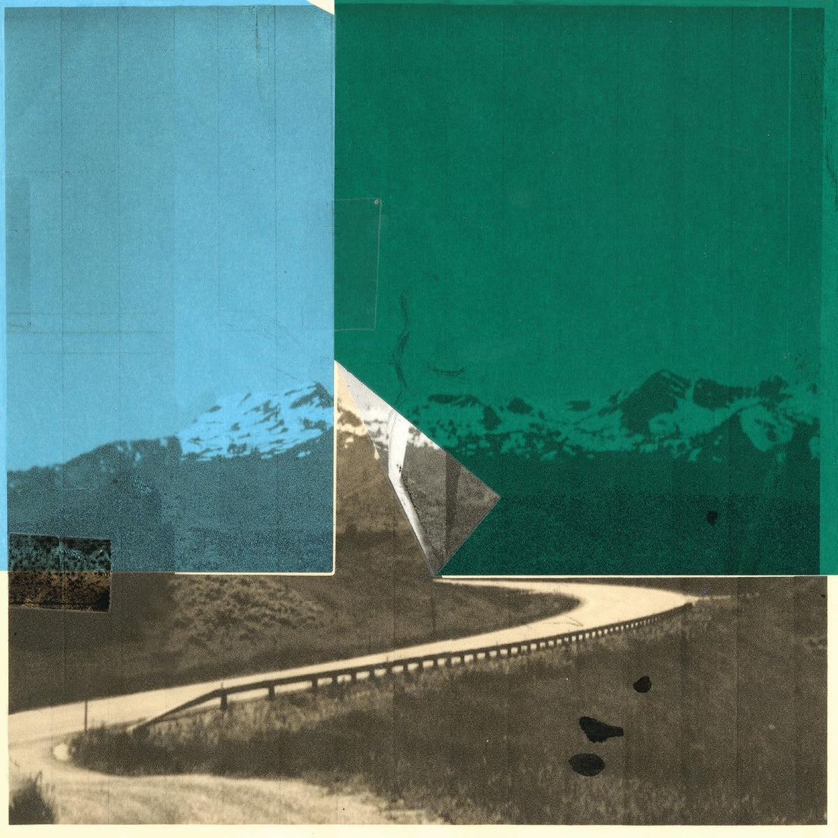 Collage of a winding road, mountains, and blue sky fragments.