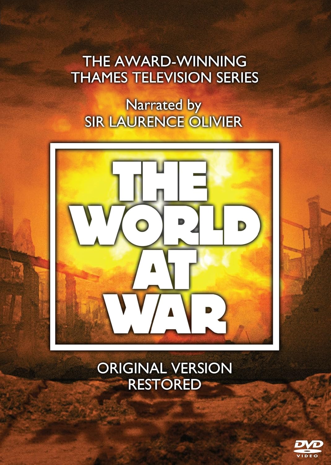 DVD cover for The World At War featuring a fiery explosion and ruined landscape.