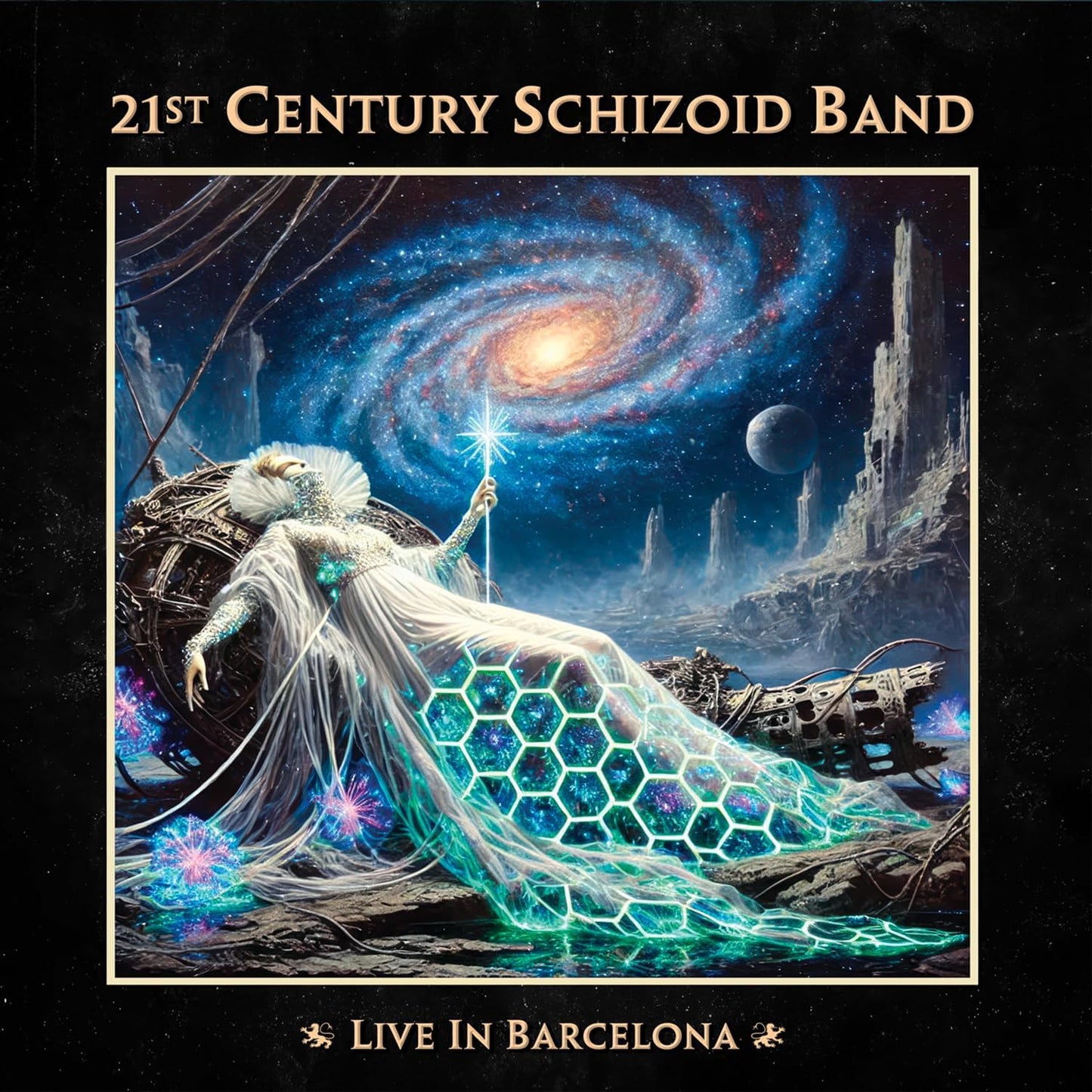 Album cover: surreal space scene with figure holding a glowing staff.