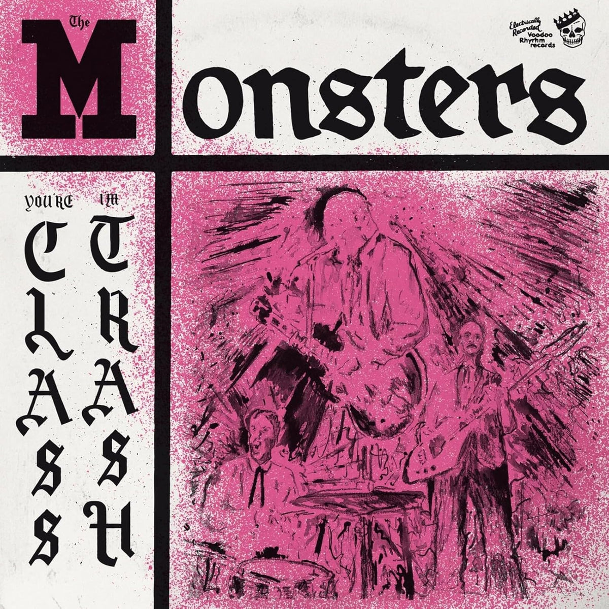 Vinyl album cover for "Monsters" with bold text and pink, abstract art.
