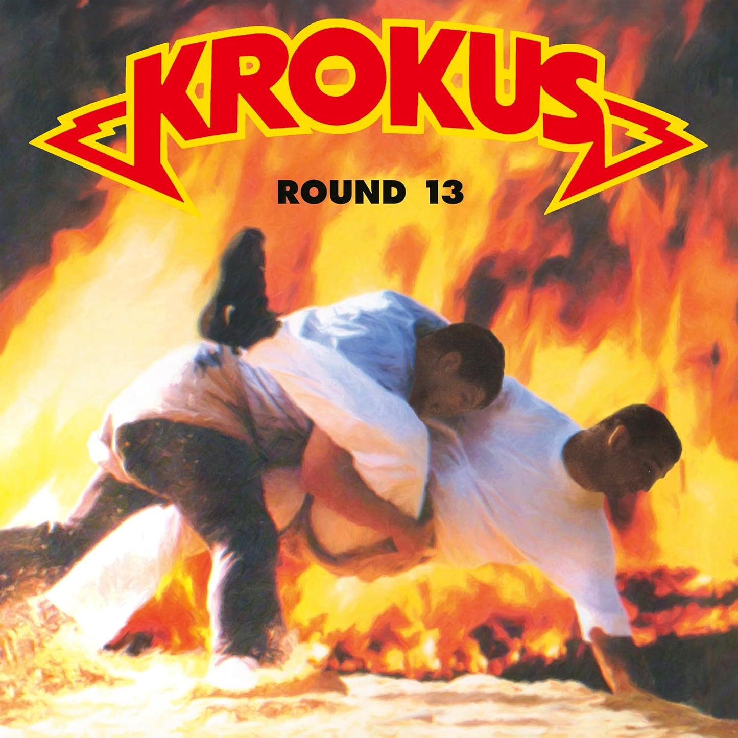 Krokus "Round 13" vinyl album cover: two figures grappling in flames.