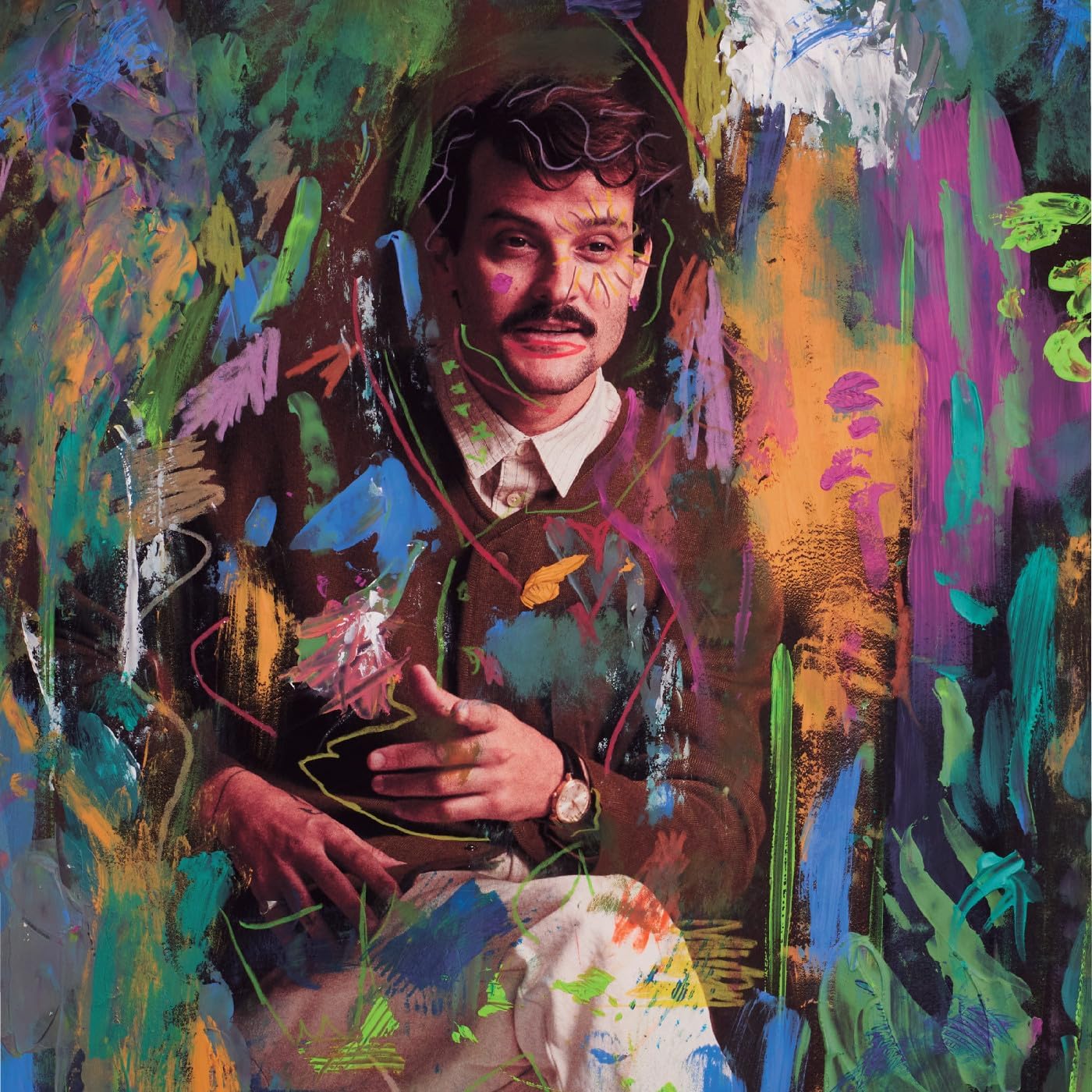 Painted portrait of a man with a mustache, overlaid with colorful brushstrokes.