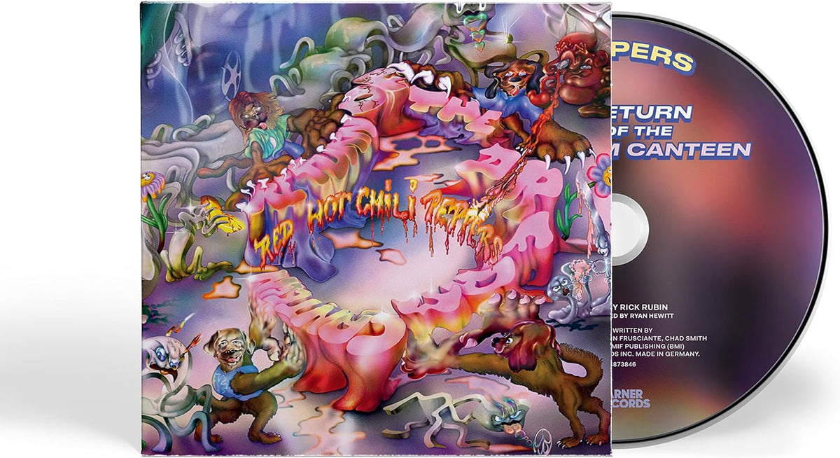 Red Hot Chili Peppers album cover, colorful painted figures, CD disc visible.