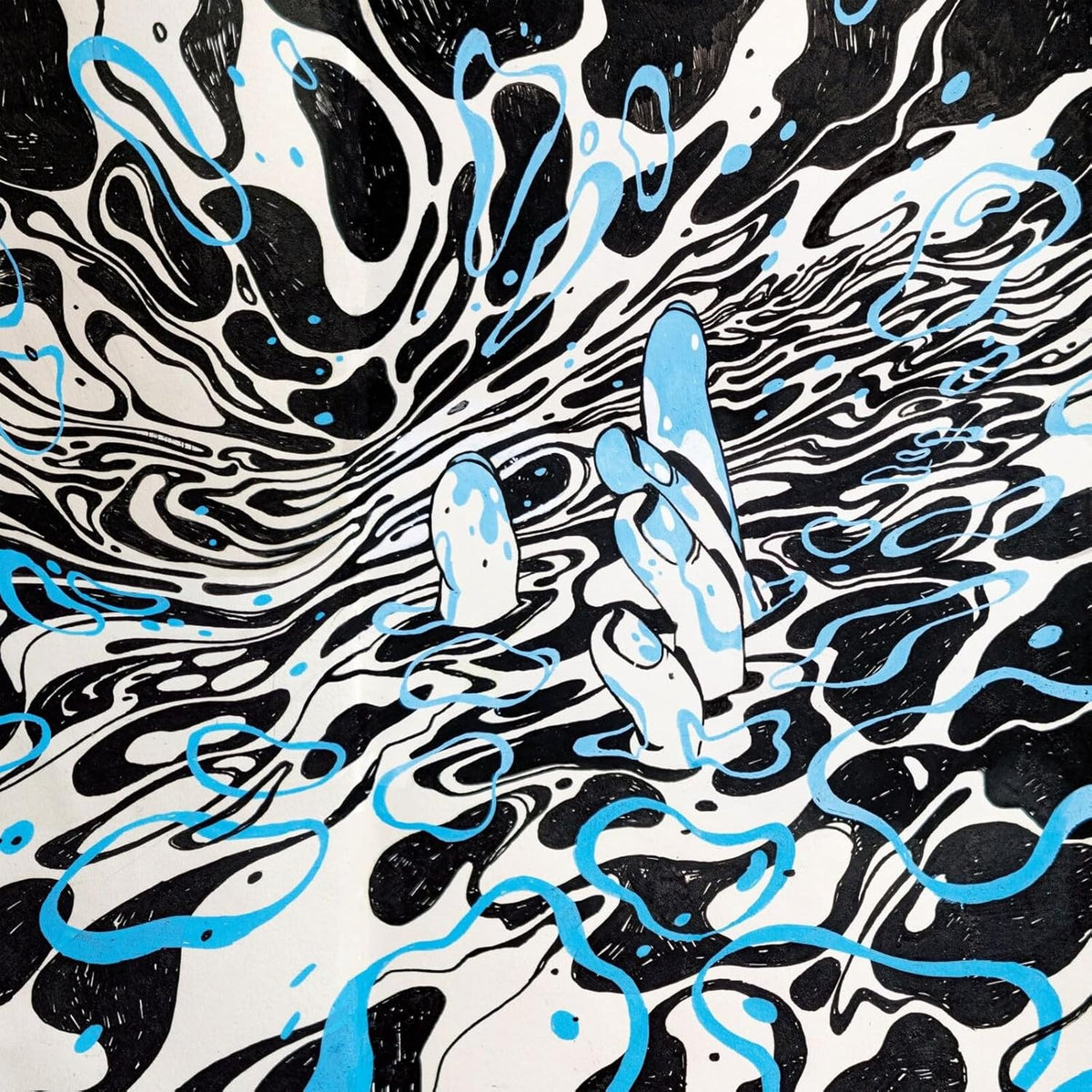 Black and white fluid art with blue shapes resembling figures.