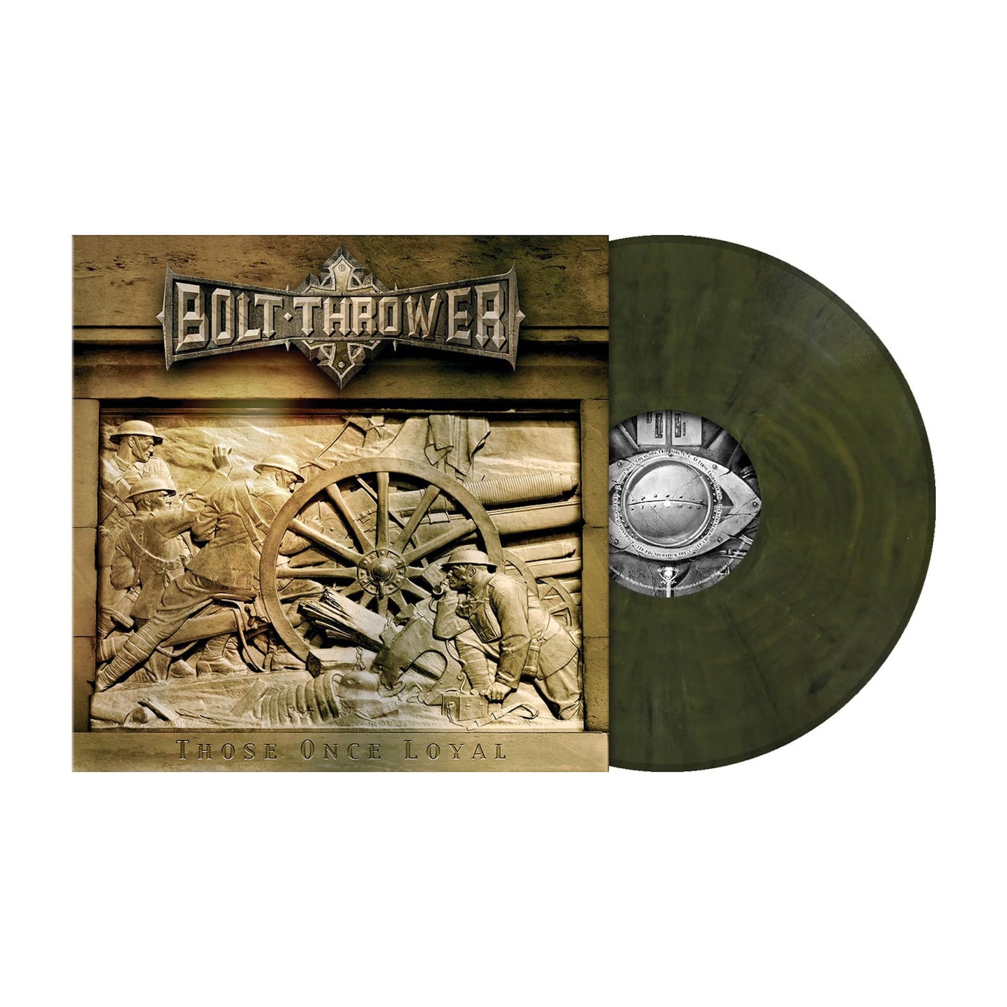 Bolt Thrower Those Once Loyal album cover art with a marbled dark green vinyl record.
