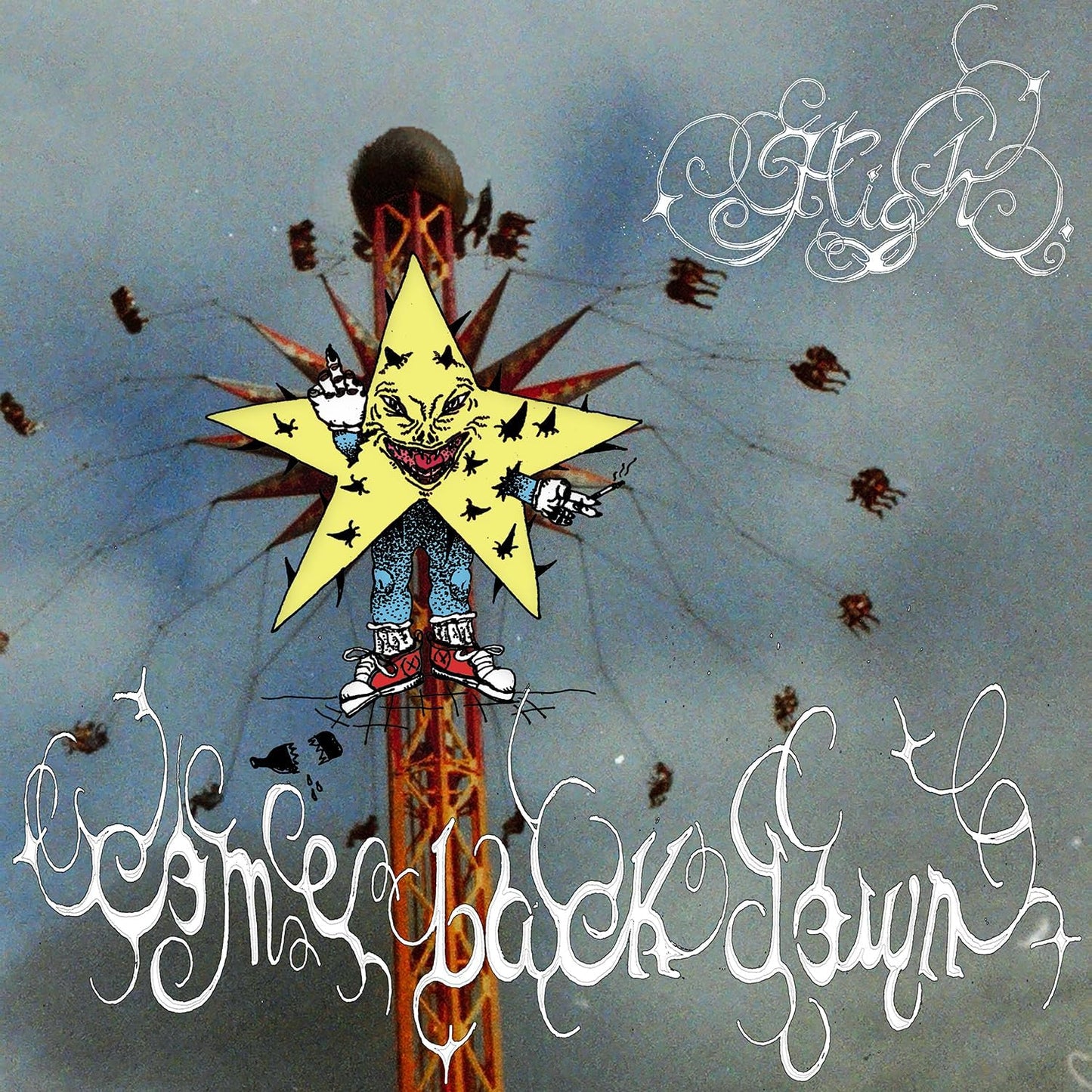Album cover: a yellow star-faced figure with hands and feet, and dandelions.