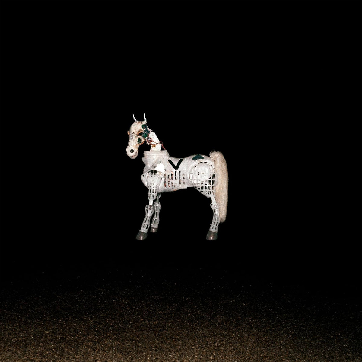 White skeletal horse figure against a solid black background.