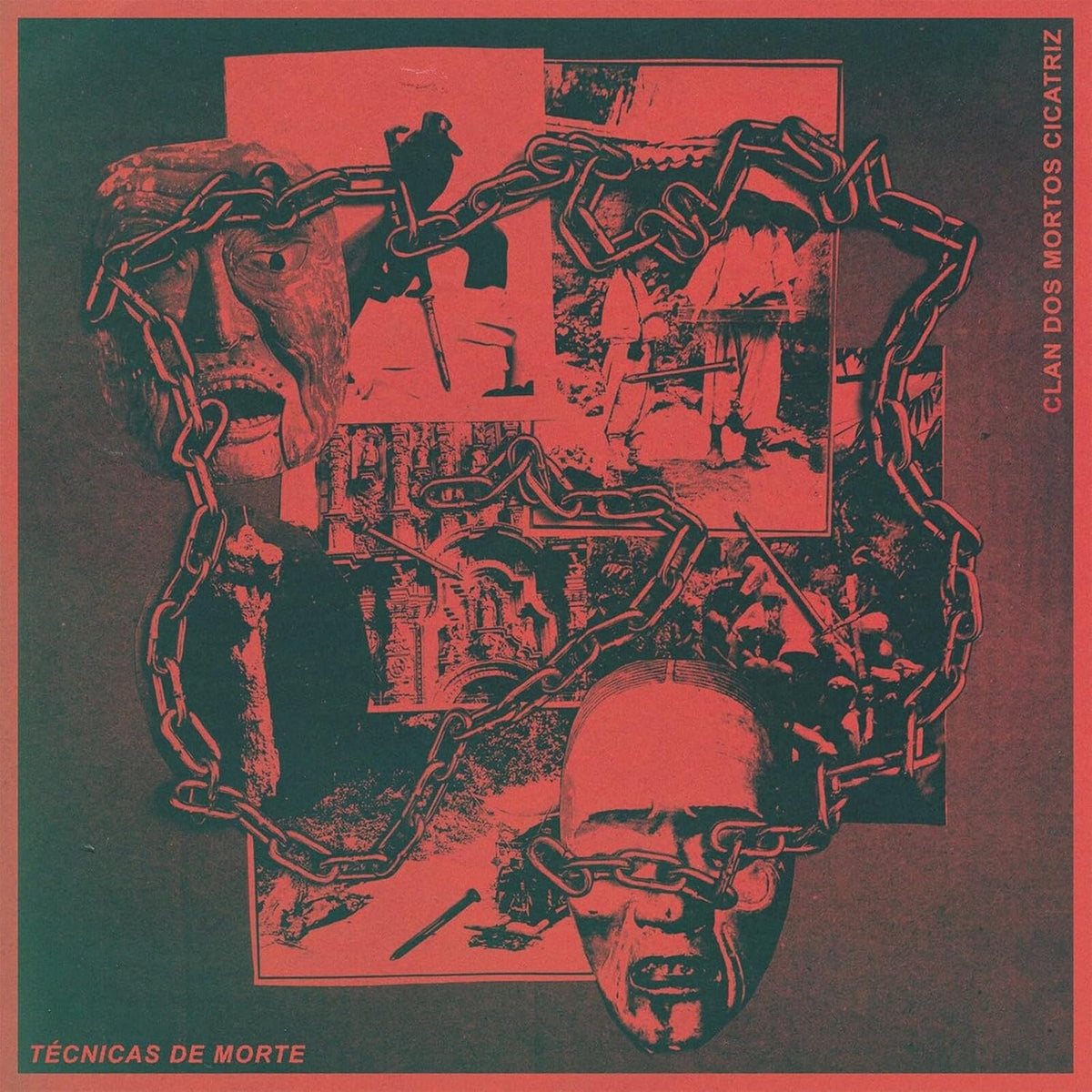 Red and black album cover with fragmented images of faces and chains.