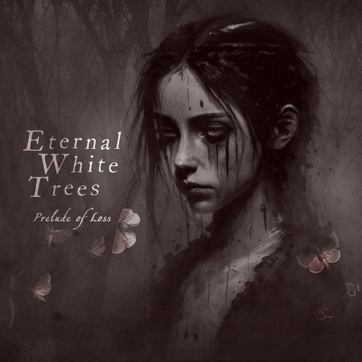 Album cover: woman with dark streaks on her face in a forest.