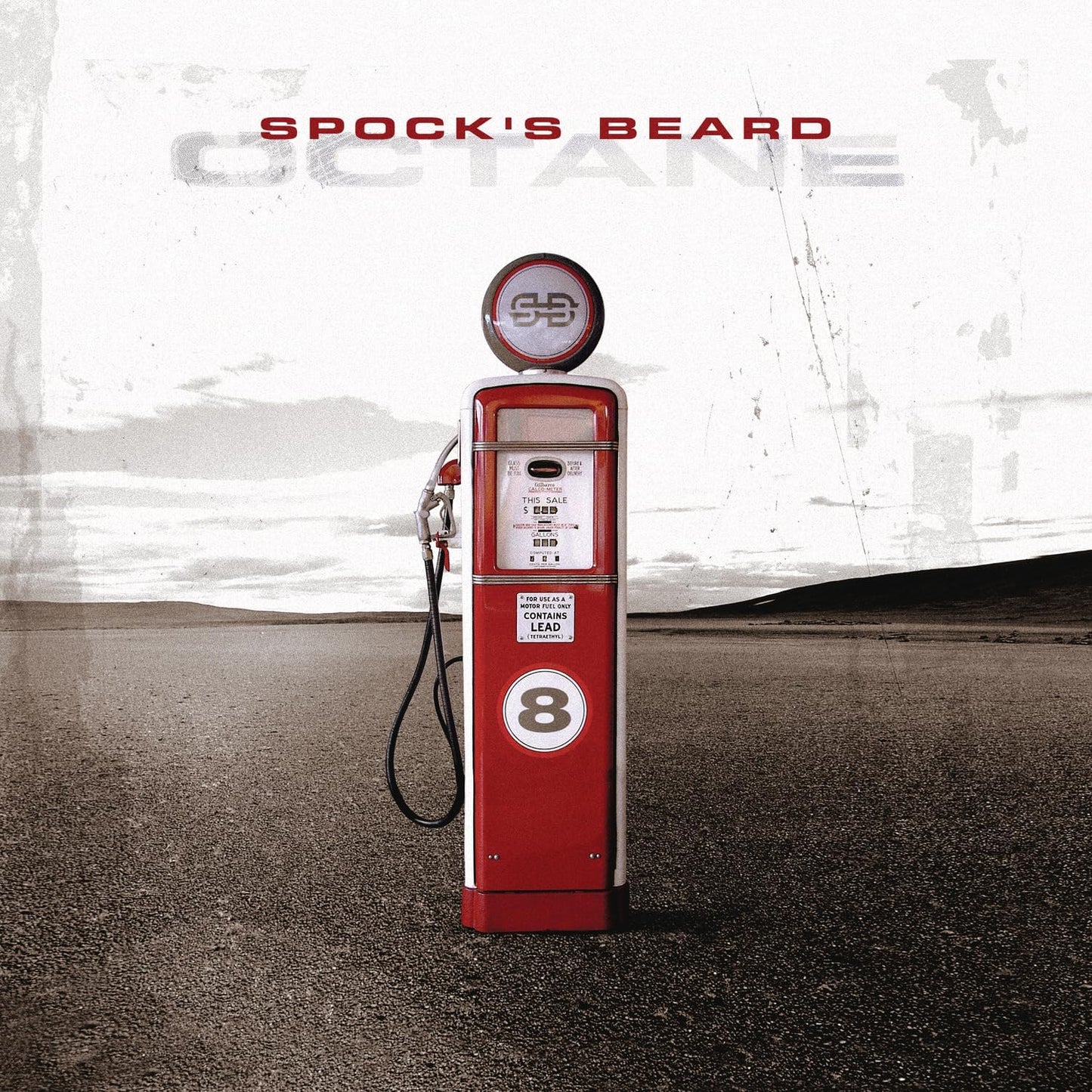 Red vintage gas pump with "Octane" text, distressed concrete background.