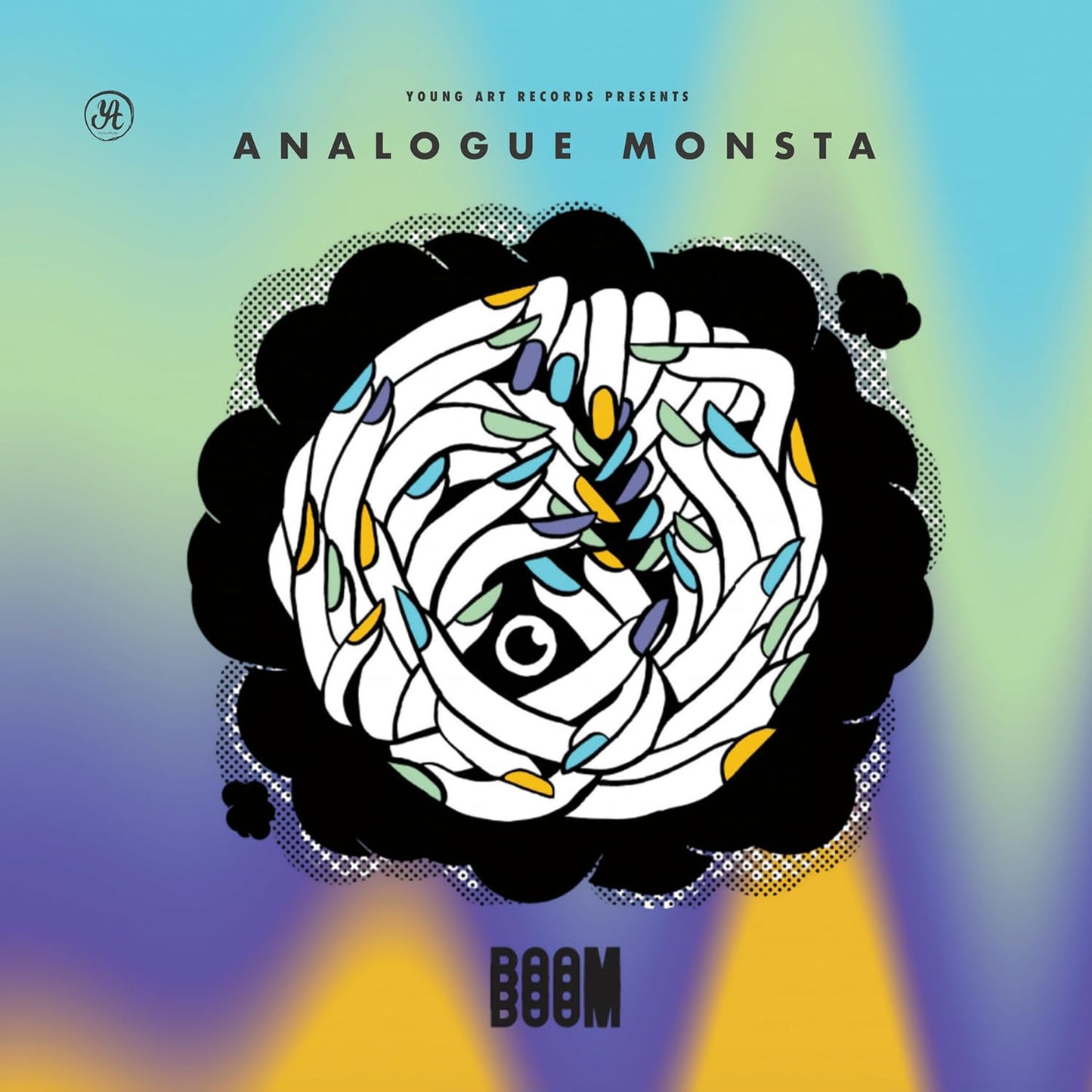 Vinyl record cover: abstract floral design in black, white, and colorful accents.