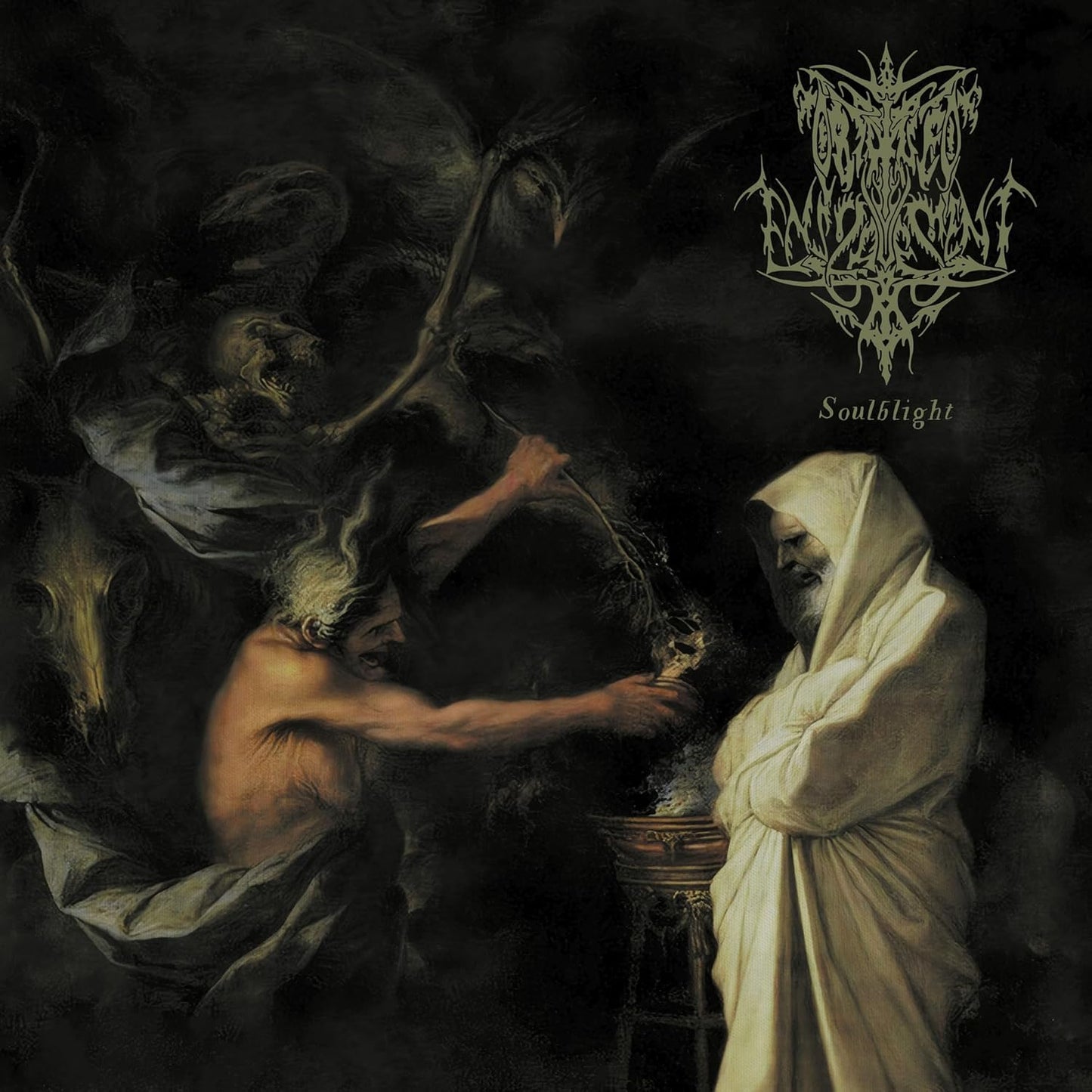 Dark painting of figures in robes, album cover for “Soulblight.”