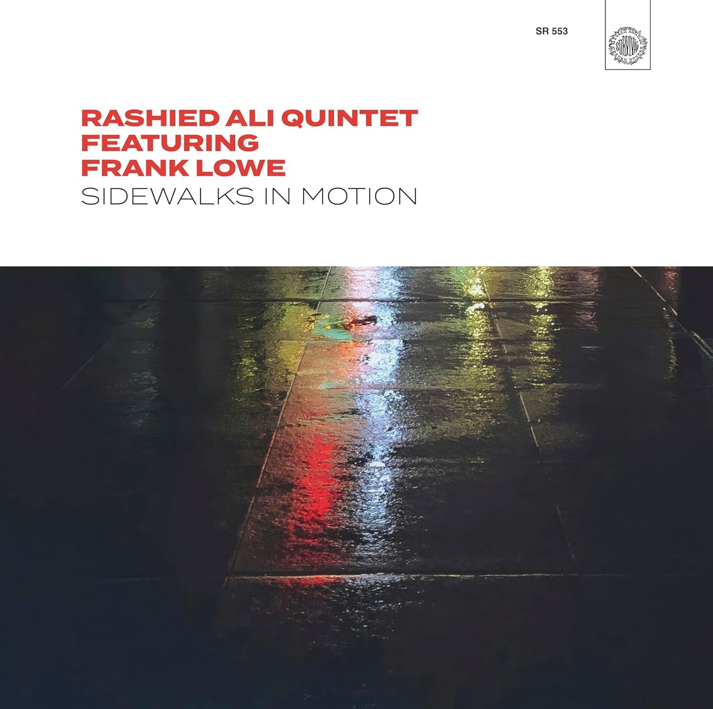 Album cover for Rashied Ali Quintet’s “Sidewalks In Motion” with wet city street scene.