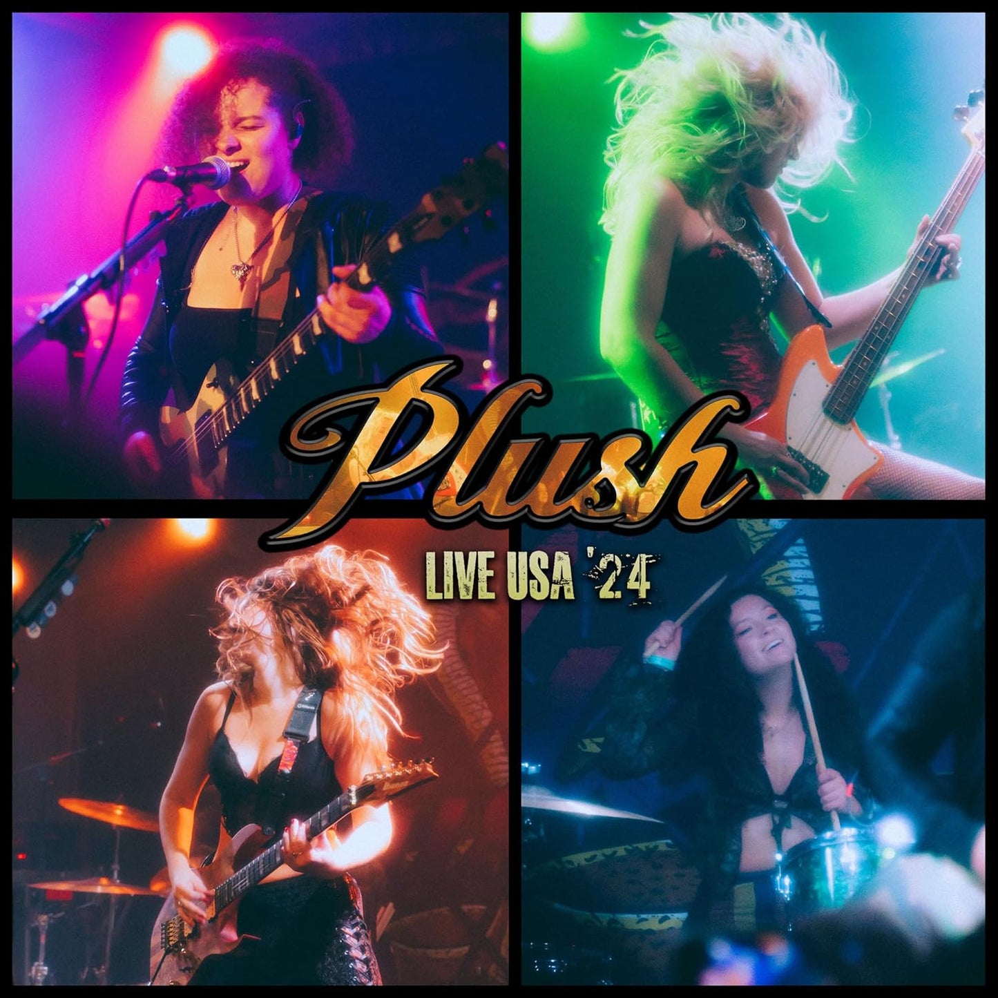Plush band members performing live on stage, split into four panels.