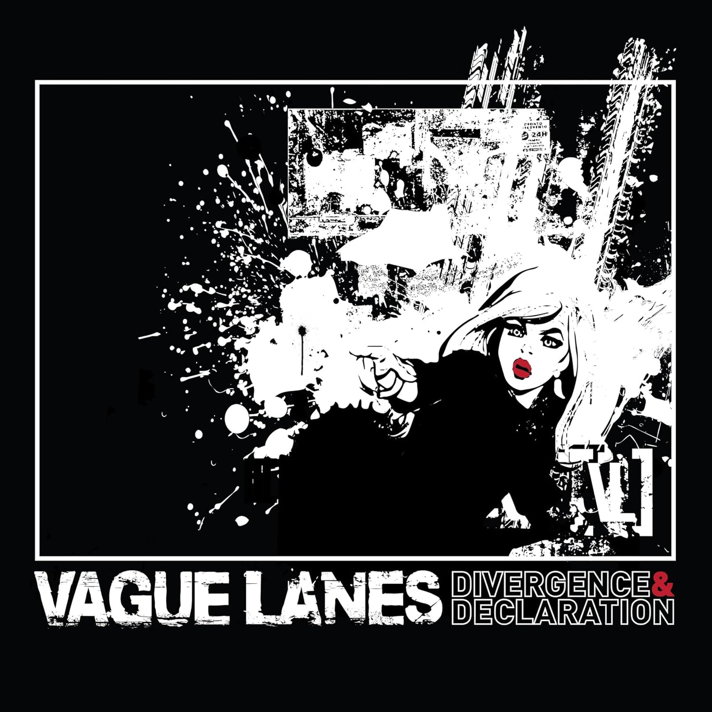 Black and white album cover with a woman in a cap and paint splatters.