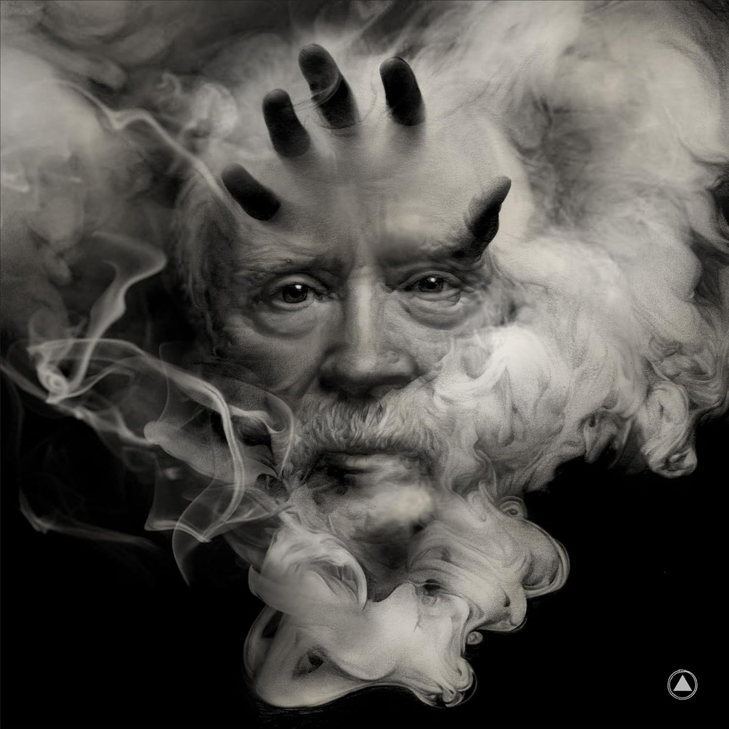 Black and white portrait of a man with smoke and hand imagery.