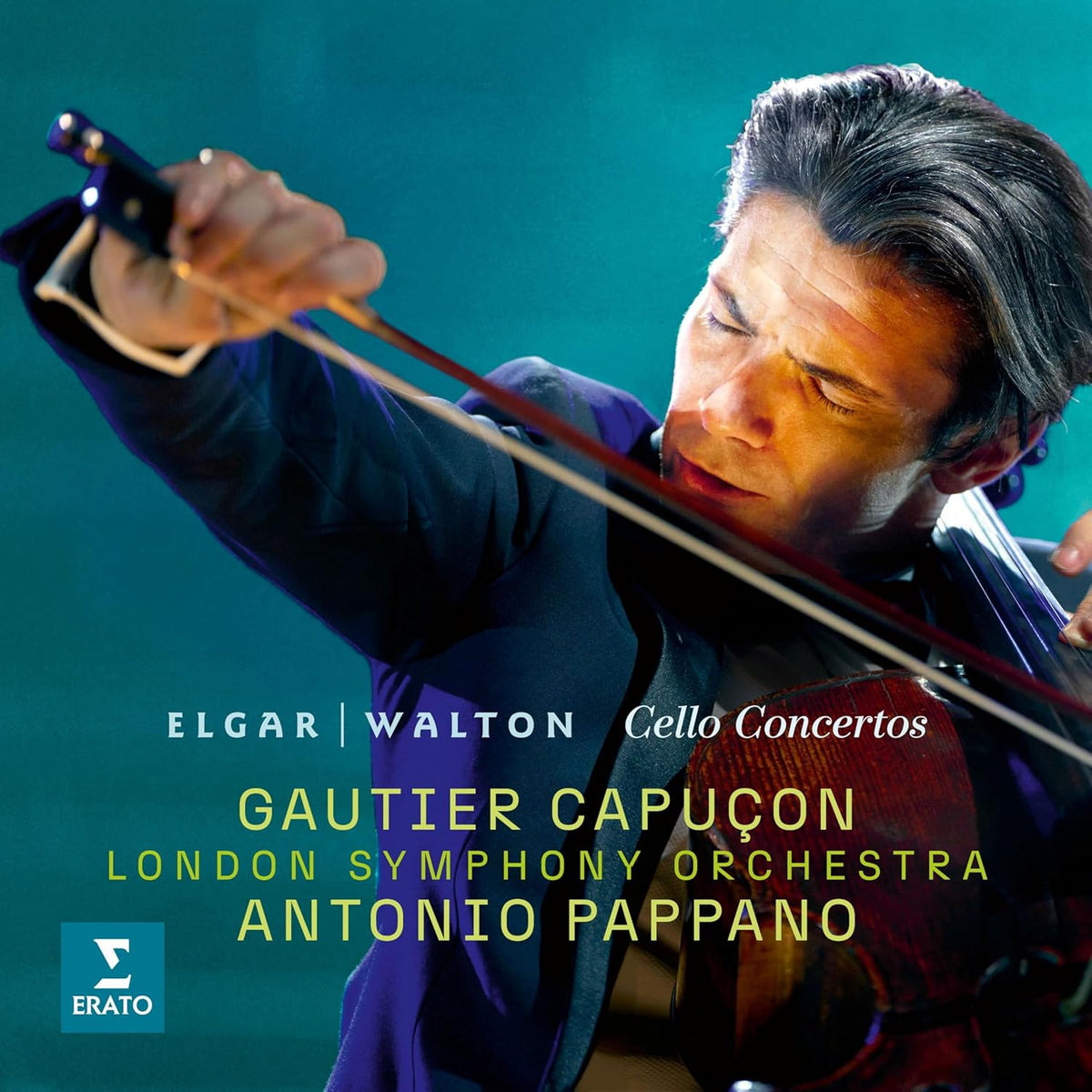 Cellist Gautier Capuçon playing, album cover for Elgar & Walton cello concertos.
