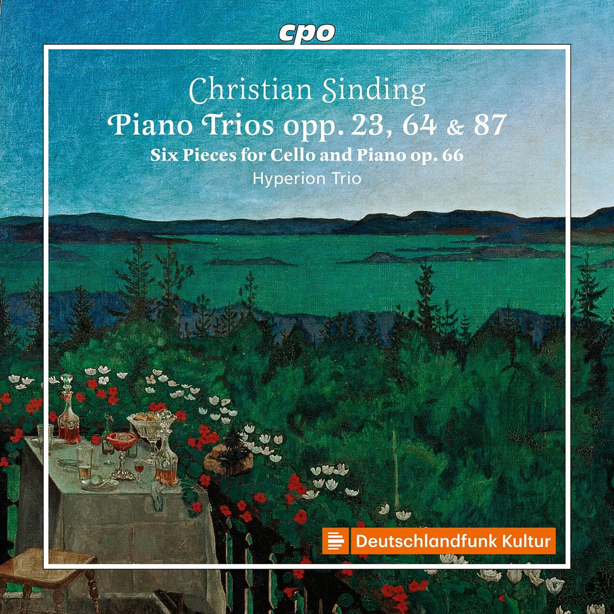 CD cover for Christian Sinding piano trios with a landscape painting.