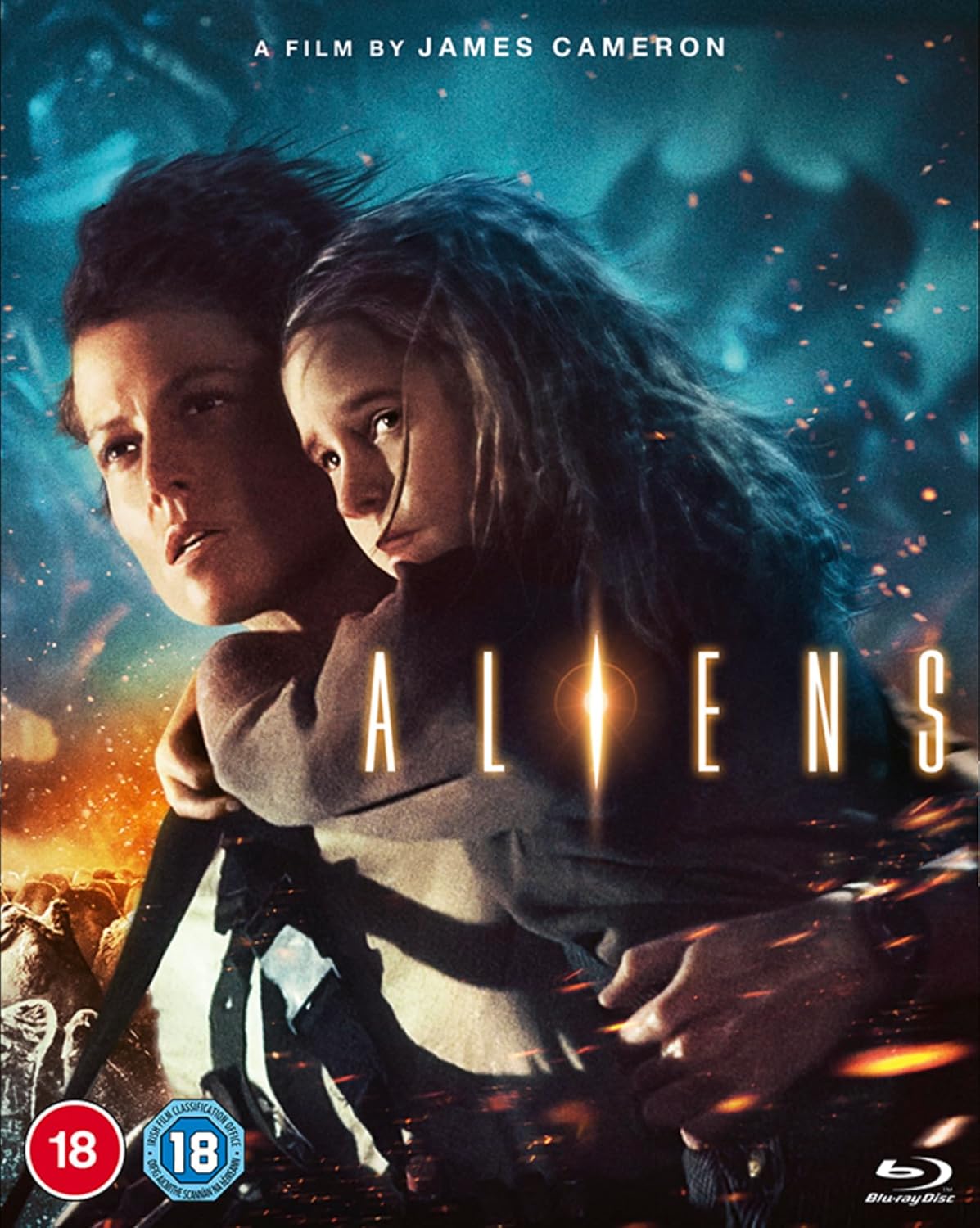 Aliens Blu-ray cover featuring Ripley and Newt, with a Xenomorph silhouette.