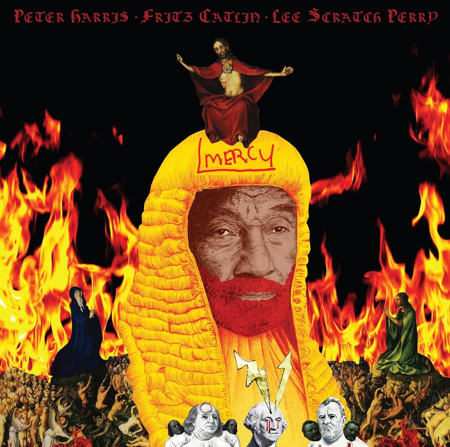 Album cover: fiery background, religious figures, and a wigged portrait.