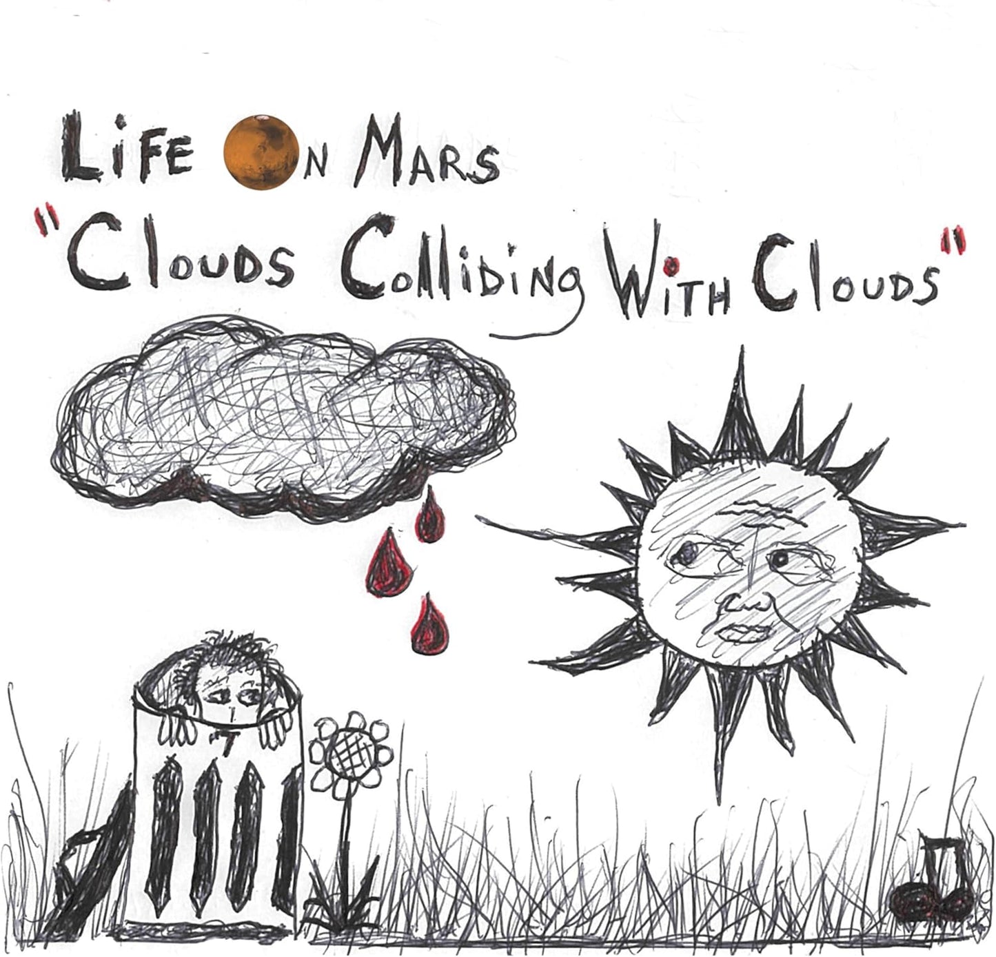 Hand-drawn CD cover with sun, clouds, rain, and a person in grass.