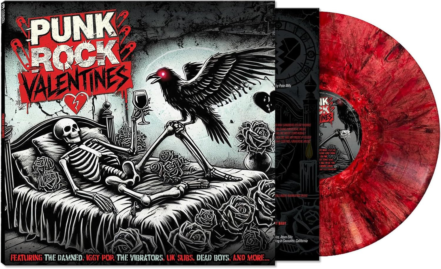 Punk Rock Valentines vinyl record cover with skull, heart, and bird imagery.