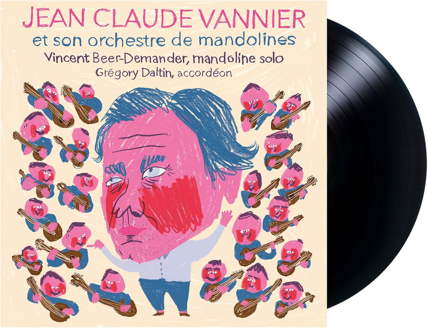 Vinyl record cover featuring a sketched portrait surrounded by mandolin players.