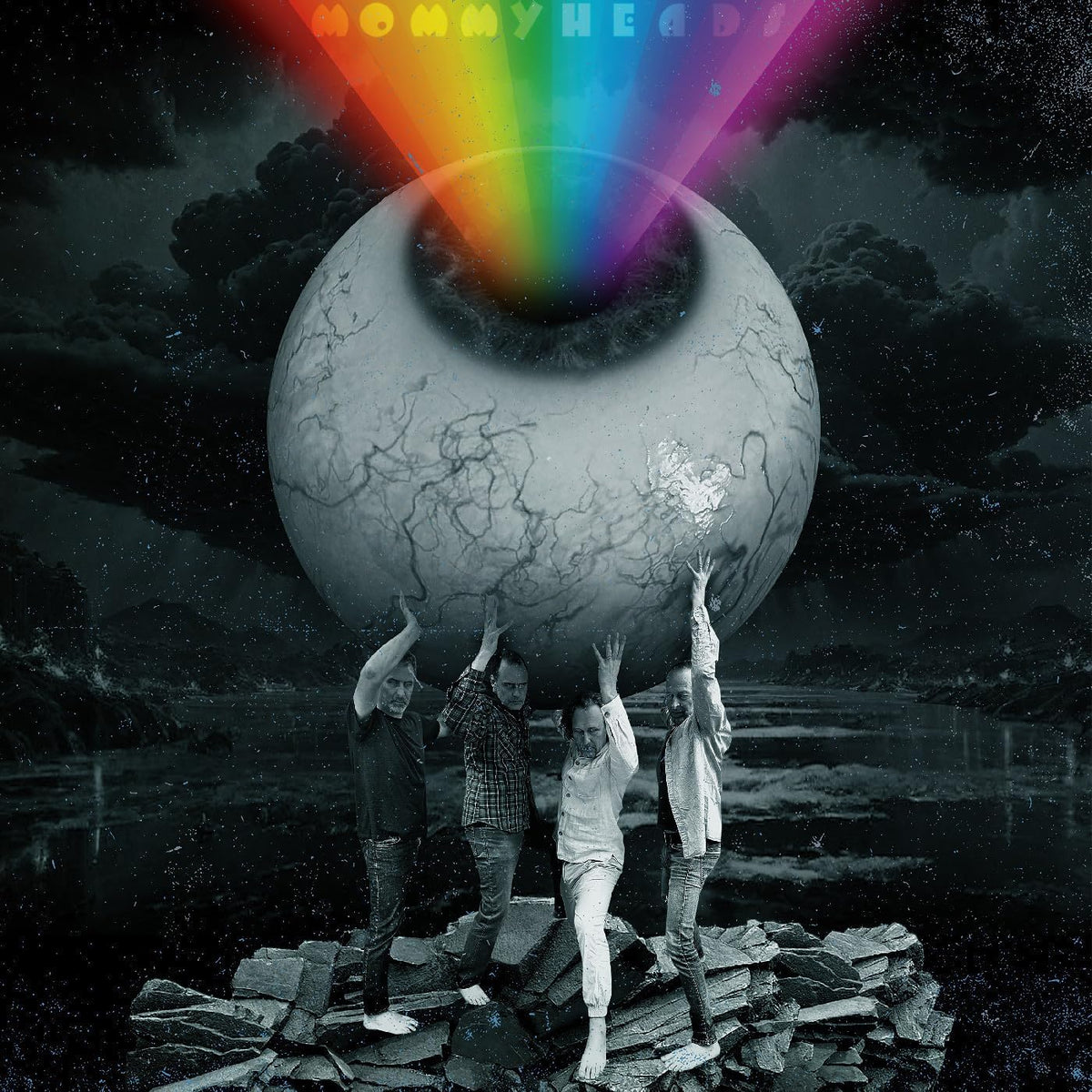 Album cover: a large eye held aloft by figures in a landscape.