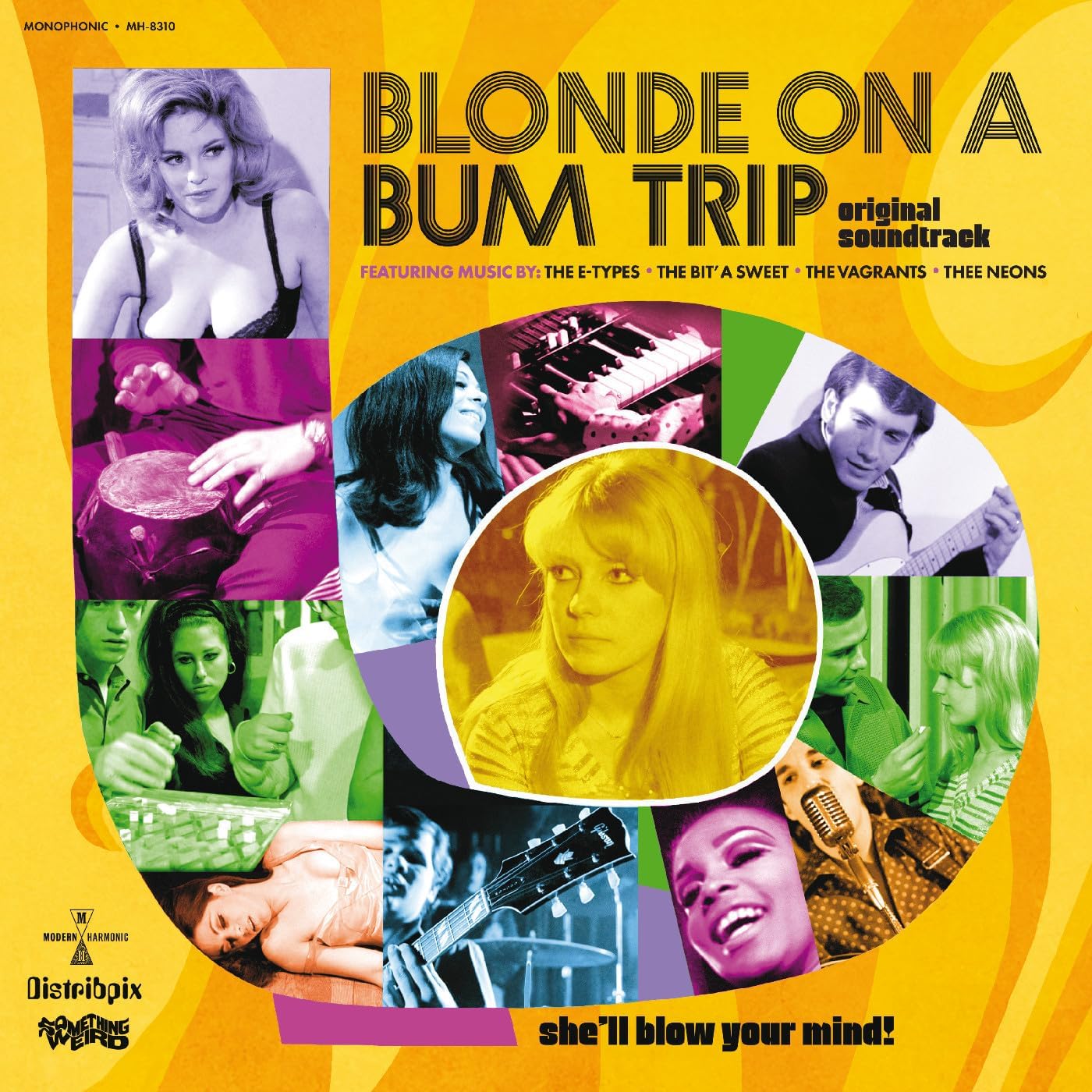 CD cover for “Blonde on a Bum Trip” soundtrack, collage of faces & guitars.