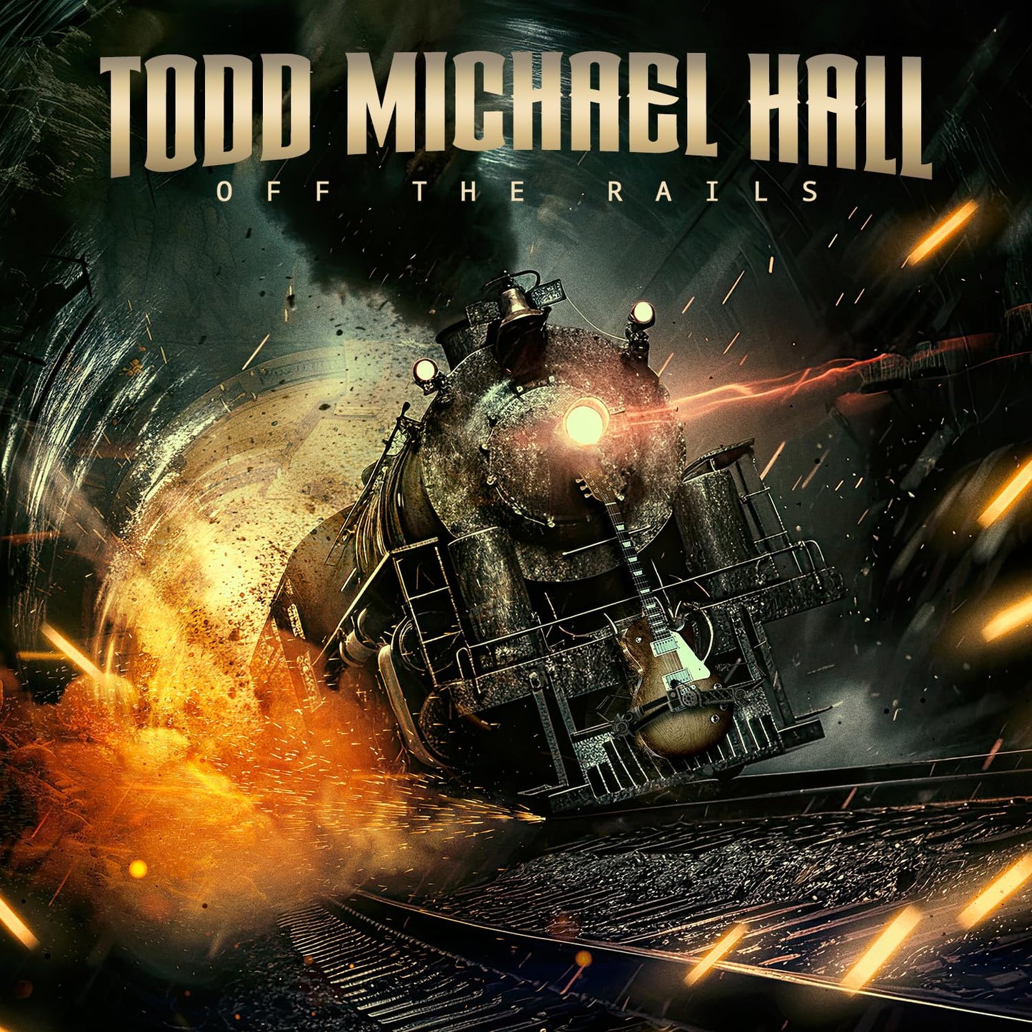 Album cover: a steam train crashing through a tunnel, sparks flying.