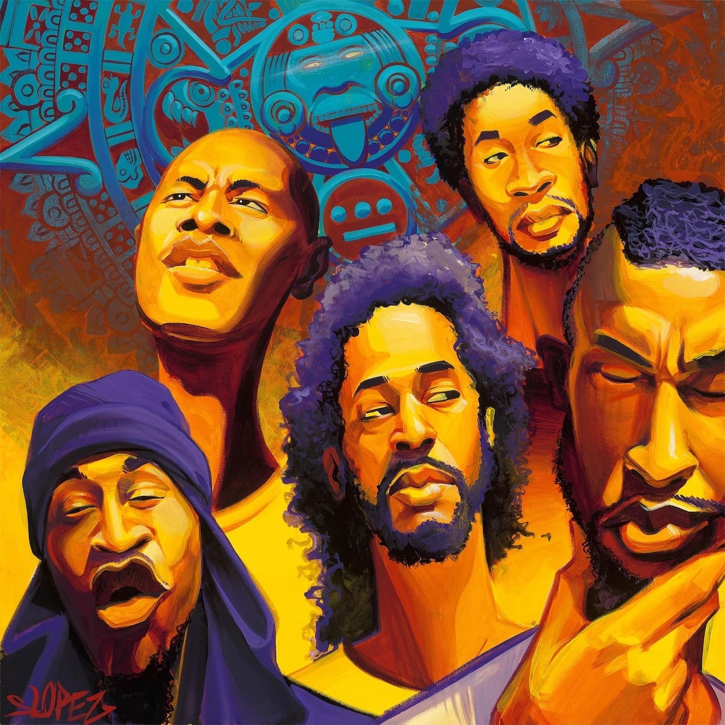 Painted portrait of five Black men with textured hair, Aztec-inspired background.