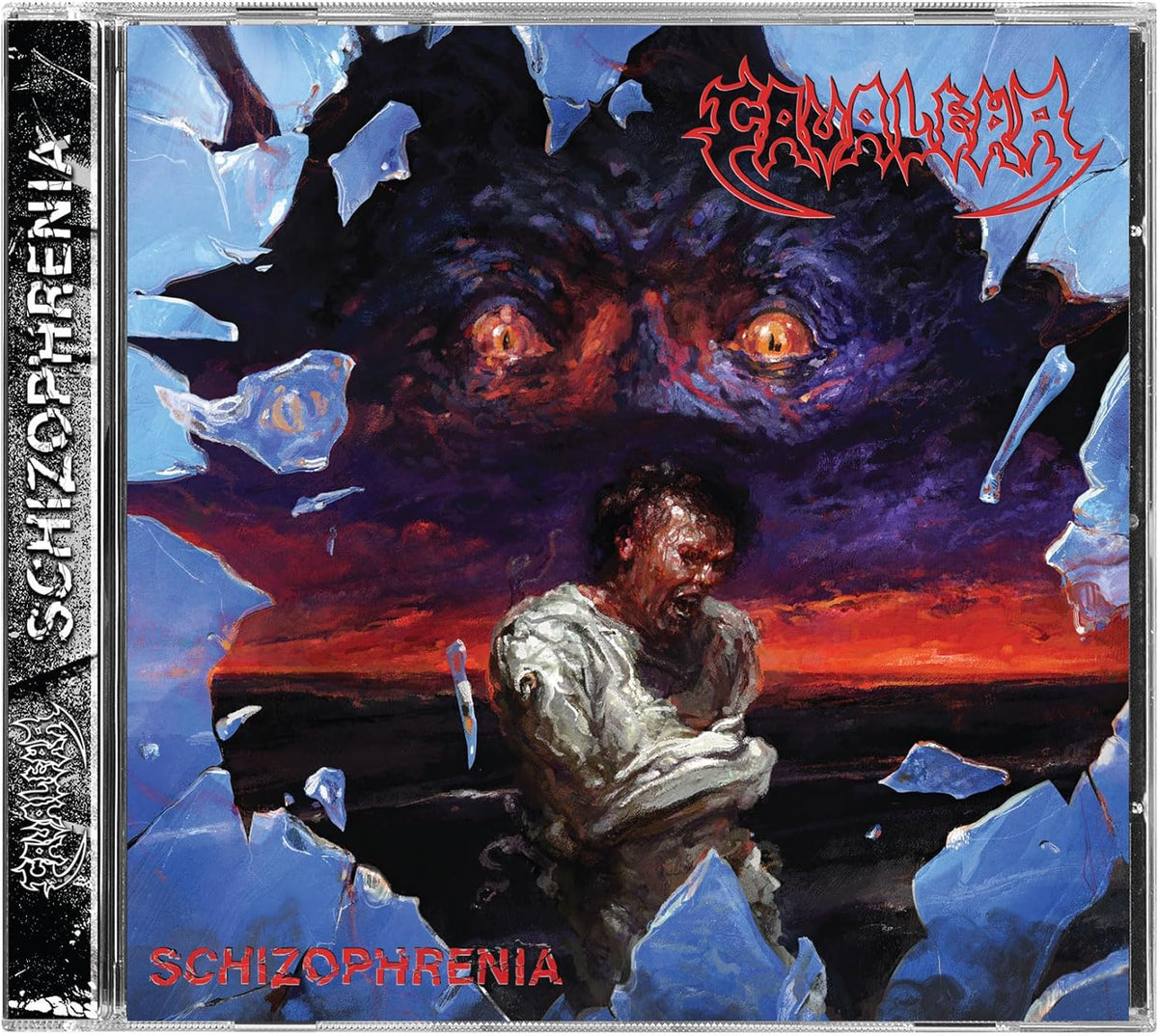 Cavalera “Schizophrenia” CD cover: distressed figure amidst shattered ice and red tones.