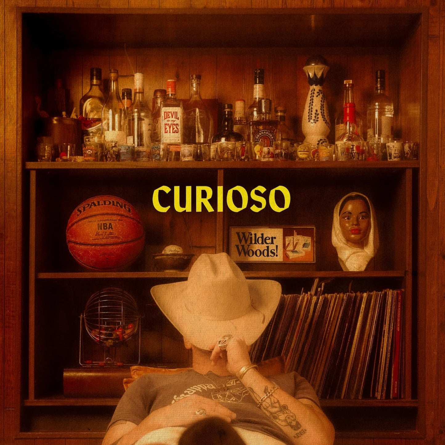 Album cover: "Curioso" by Wilder Woods, featuring a cluttered shelf and figure.