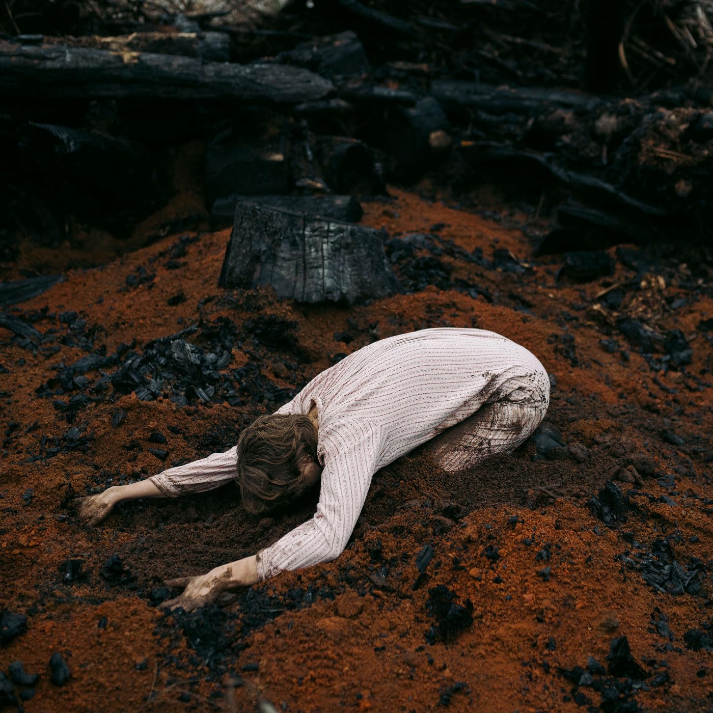 Person kneeling in a desolate, burnt landscape, head down.