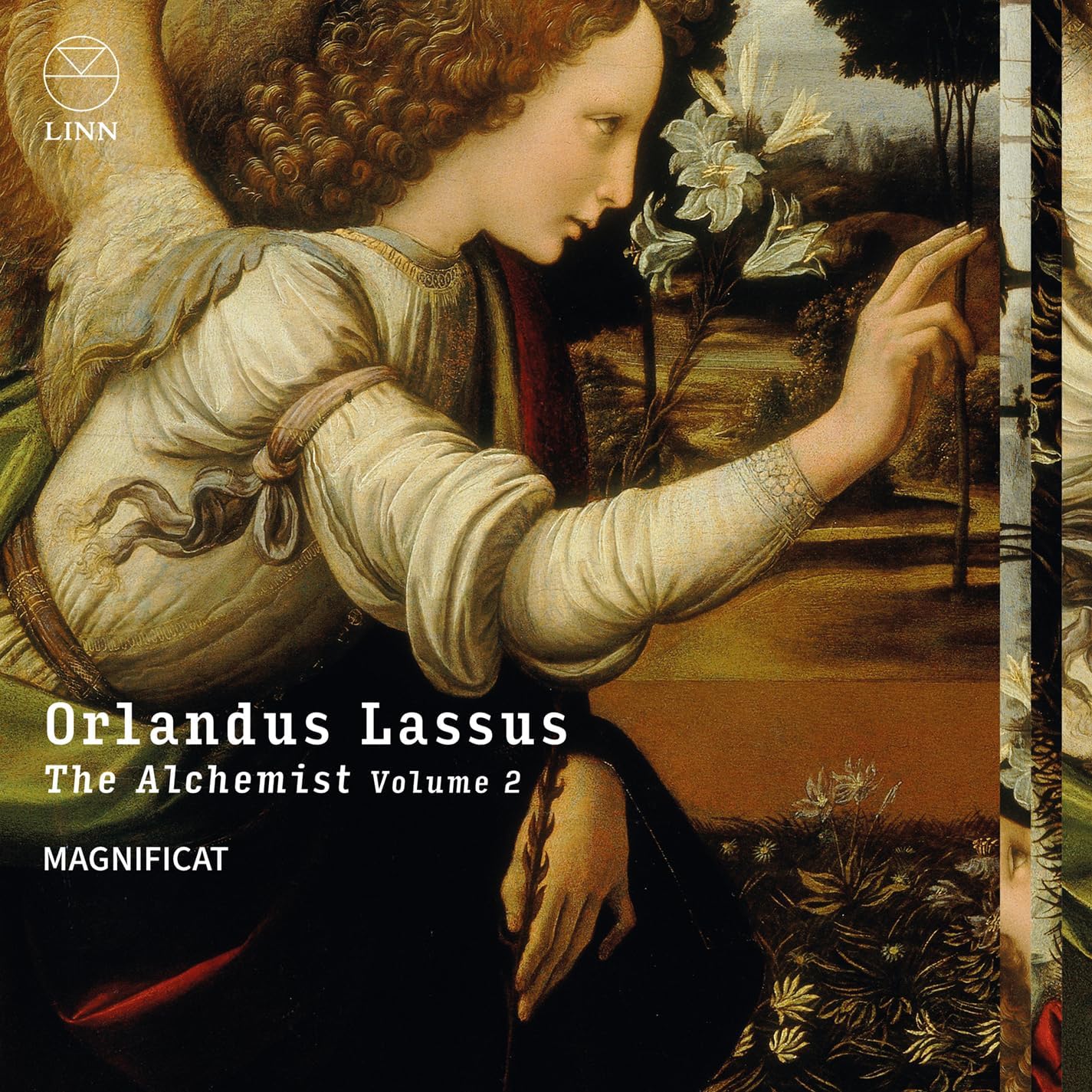 CD cover: Renaissance painting of a man with lilies, text “Magnificat”.