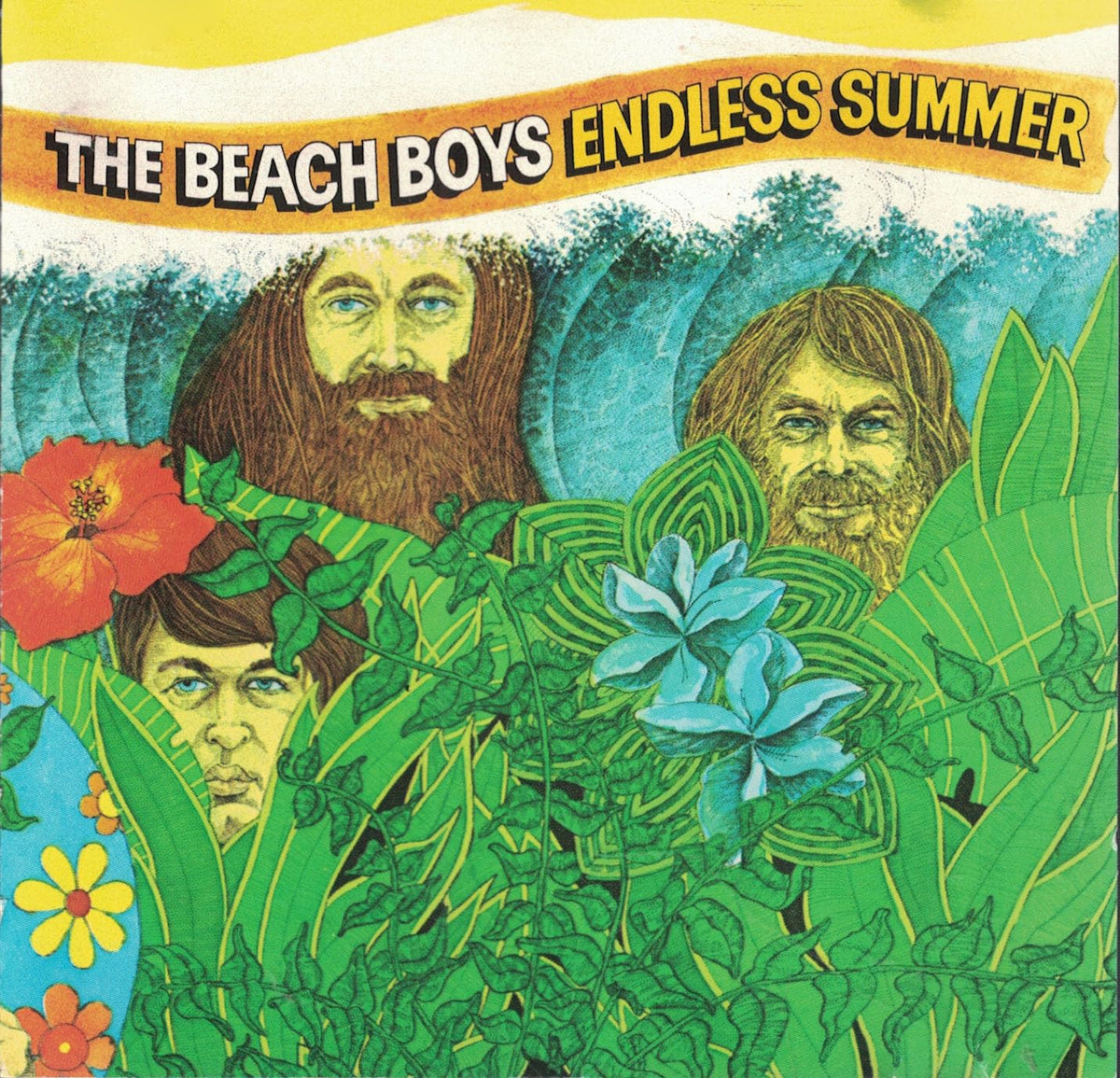 Album cover for "Endless Summer" by The Beach Boys, featuring portraits and flowers.