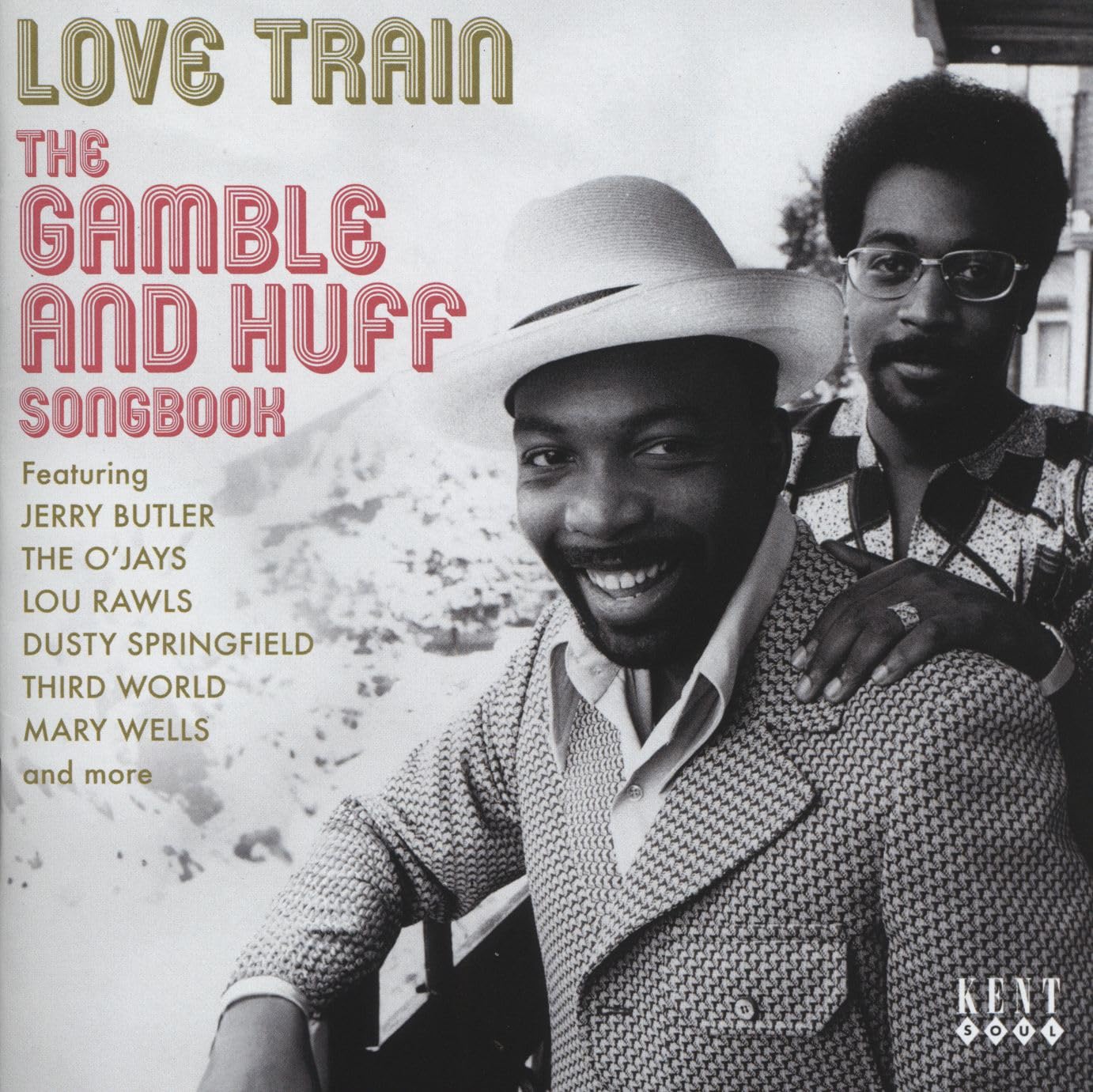 Black and white photo of two men with text overlay for a music album.