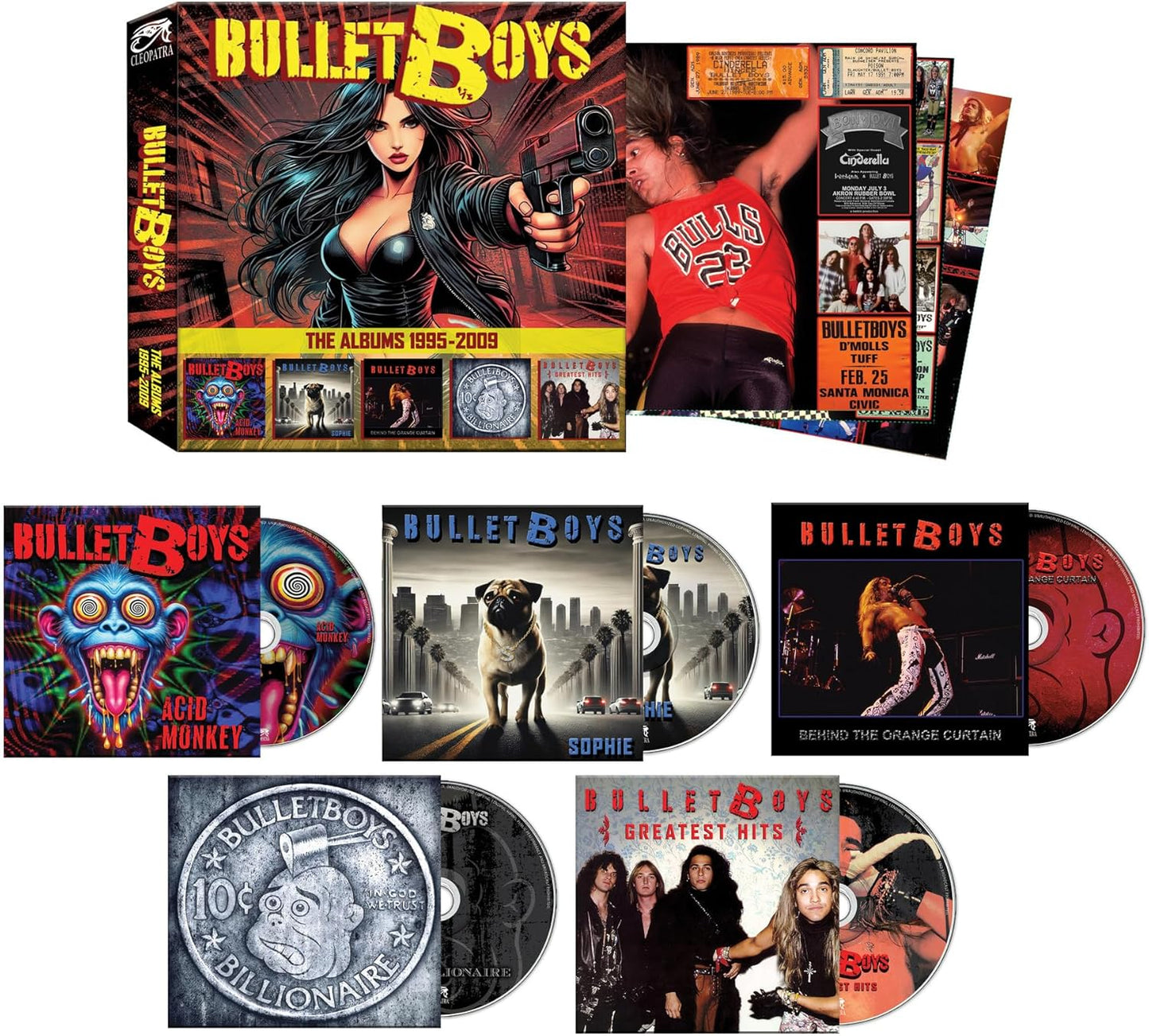 Bulletboys box set containing CDs, artwork, and concert memorabilia from 1995 to 2009.