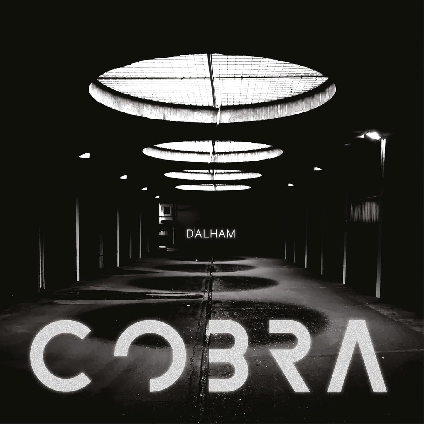 Black and white album cover for Dalham’s “Cobra” with tunnel imagery.