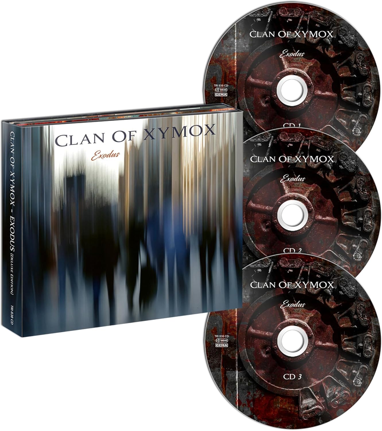 Clan Of Xymox “Exodus” deluxe edition CD packaging with three discs.