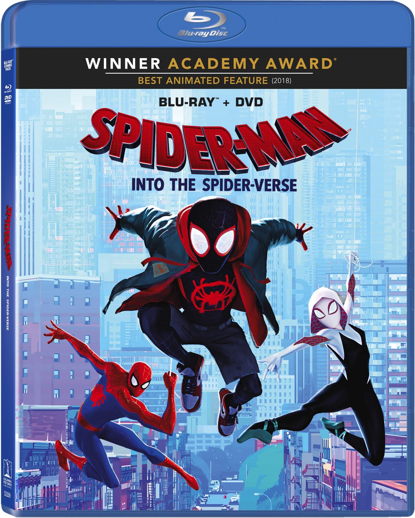 Blu-ray cover for “Spider-Man: Into the Spider-Verse” featuring multiple Spider-People.