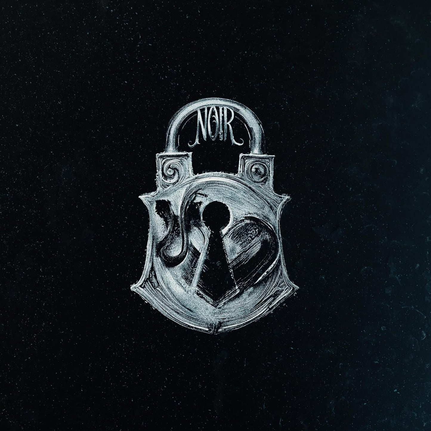 Black background with a white sketch of a lock and key.