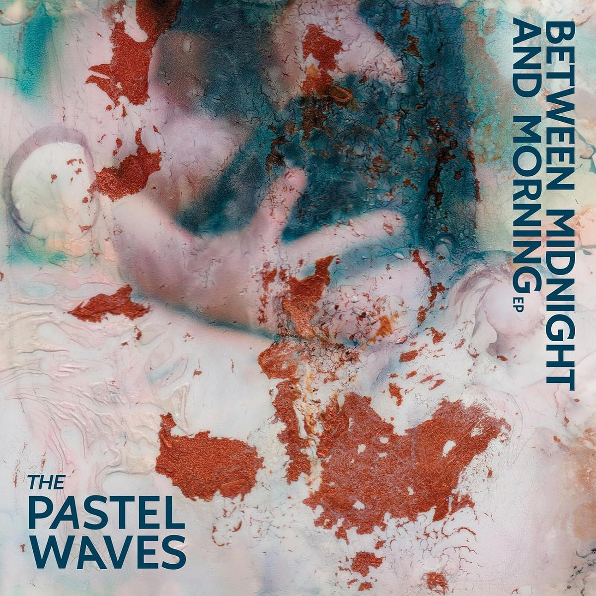 Vinyl record cover with abstract red and blue marbled paint design.