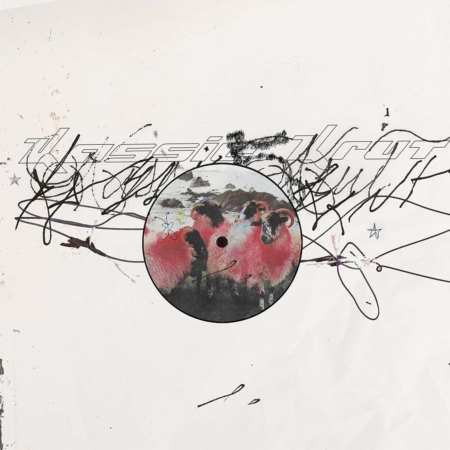 CD cover with cows inside a pink circle and abstract scribbles.