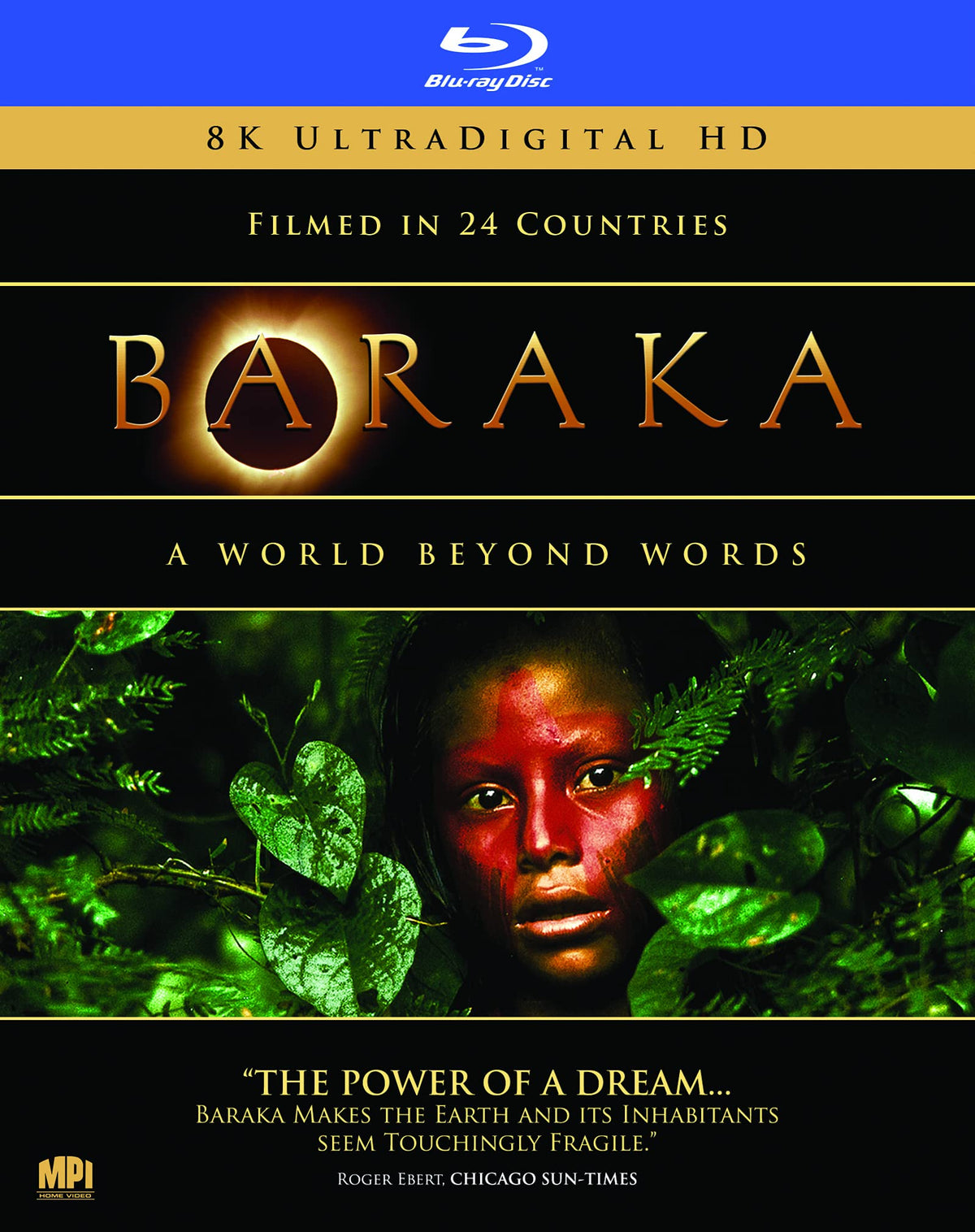 Baraka Blu-ray cover featuring a child’s face amidst lush greenery.